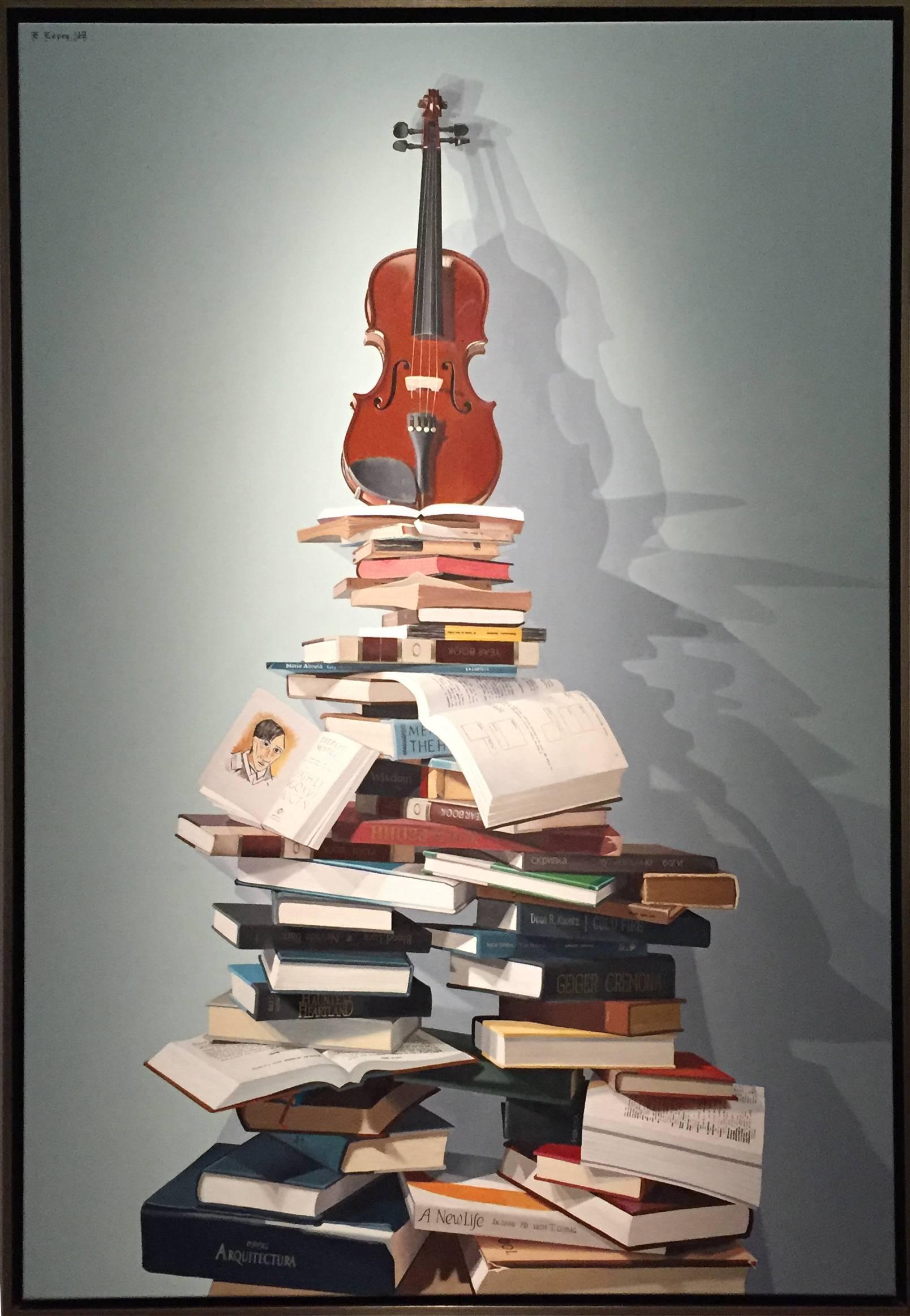 Ernesto López Sao Interior Painting - "Cremora Tower"  2014 large Cuban oil / canvas Books and Violin LARGE vertical