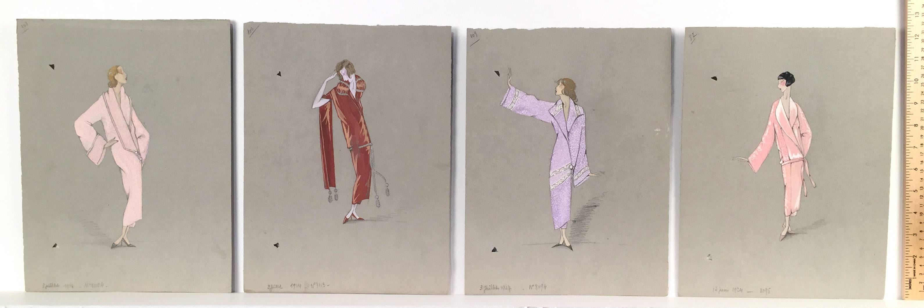 Unknown Figurative Painting - Set of 4, 1920's Deco French Fashion Design original gouache - Lanvin 