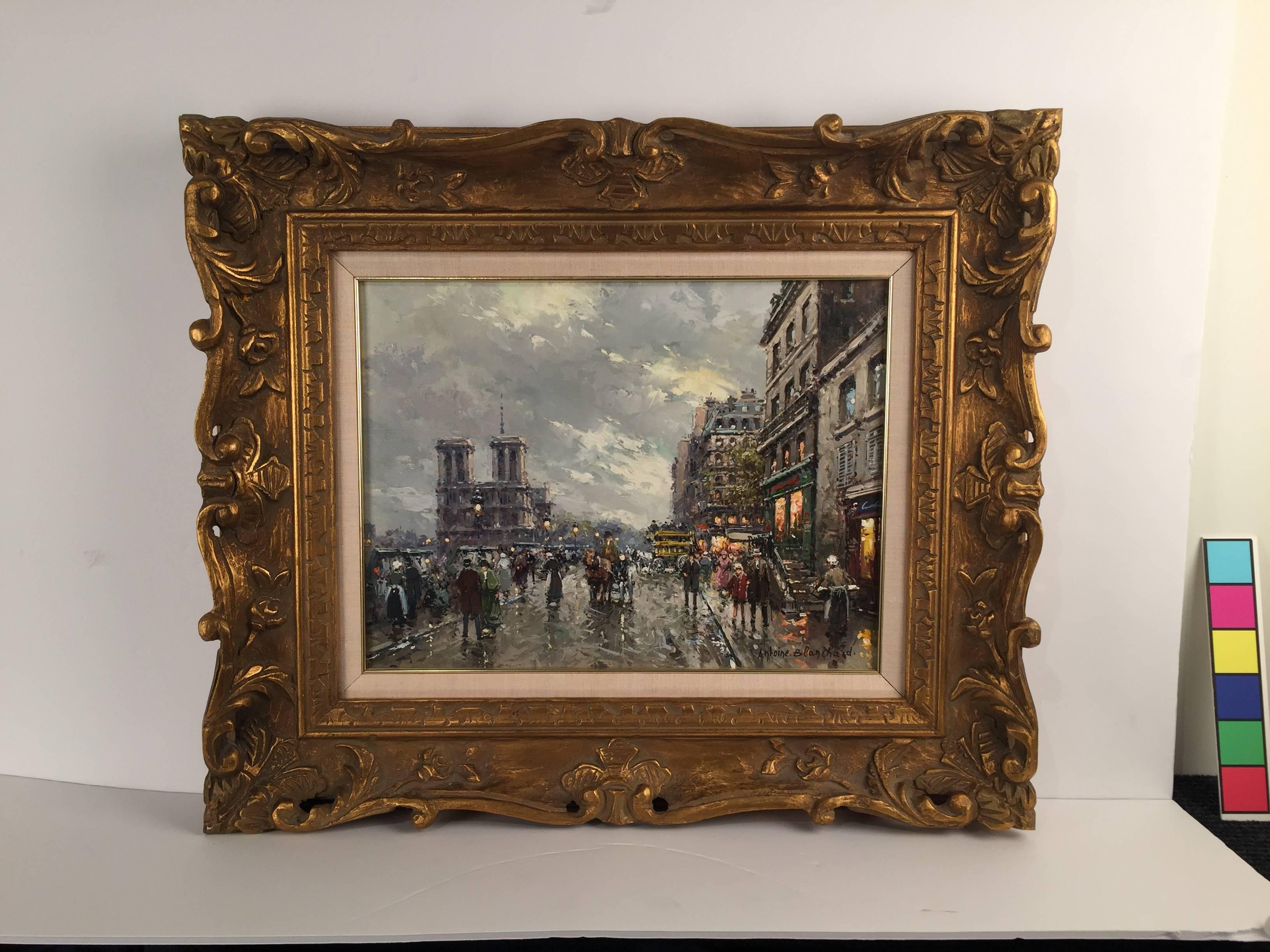 Antoine Blanchard Paris Street Scene of Notre Dame 13 x 18 oil on canvas  For Sale 3