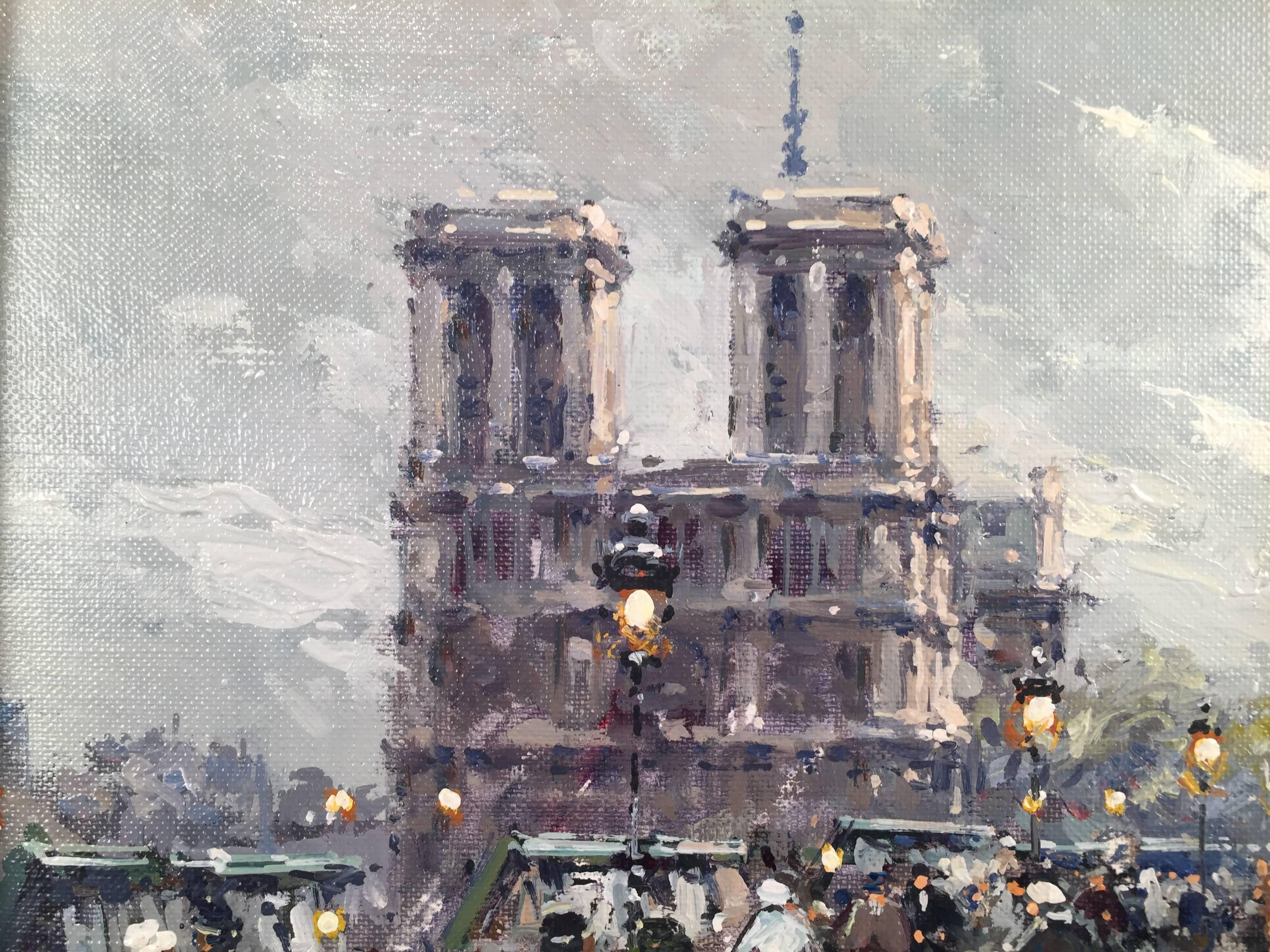 Antoine Blanchard Paris Street Scene of Notre Dame 13 x 18 oil on canvas  For Sale 1