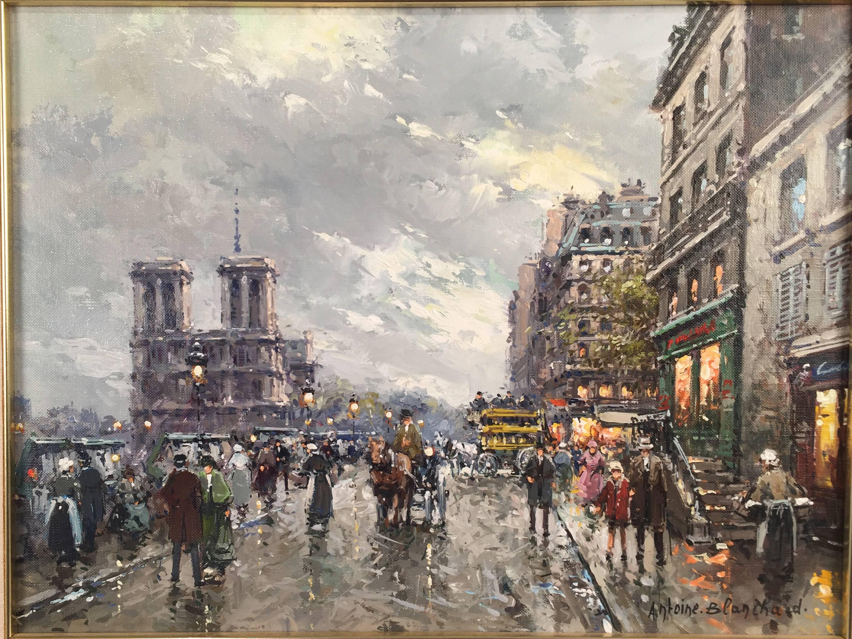 Antoine Blanchard Paris Street Scene of Notre Dame 13 x 18 oil on canvas  For Sale 4