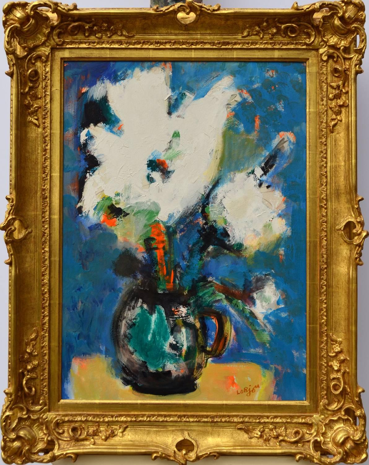 Bernard Lorjou Still-Life Painting - Abstract White Floral  MCM  1965   25 5/8 x 18 1/2 inches Modern Still Life