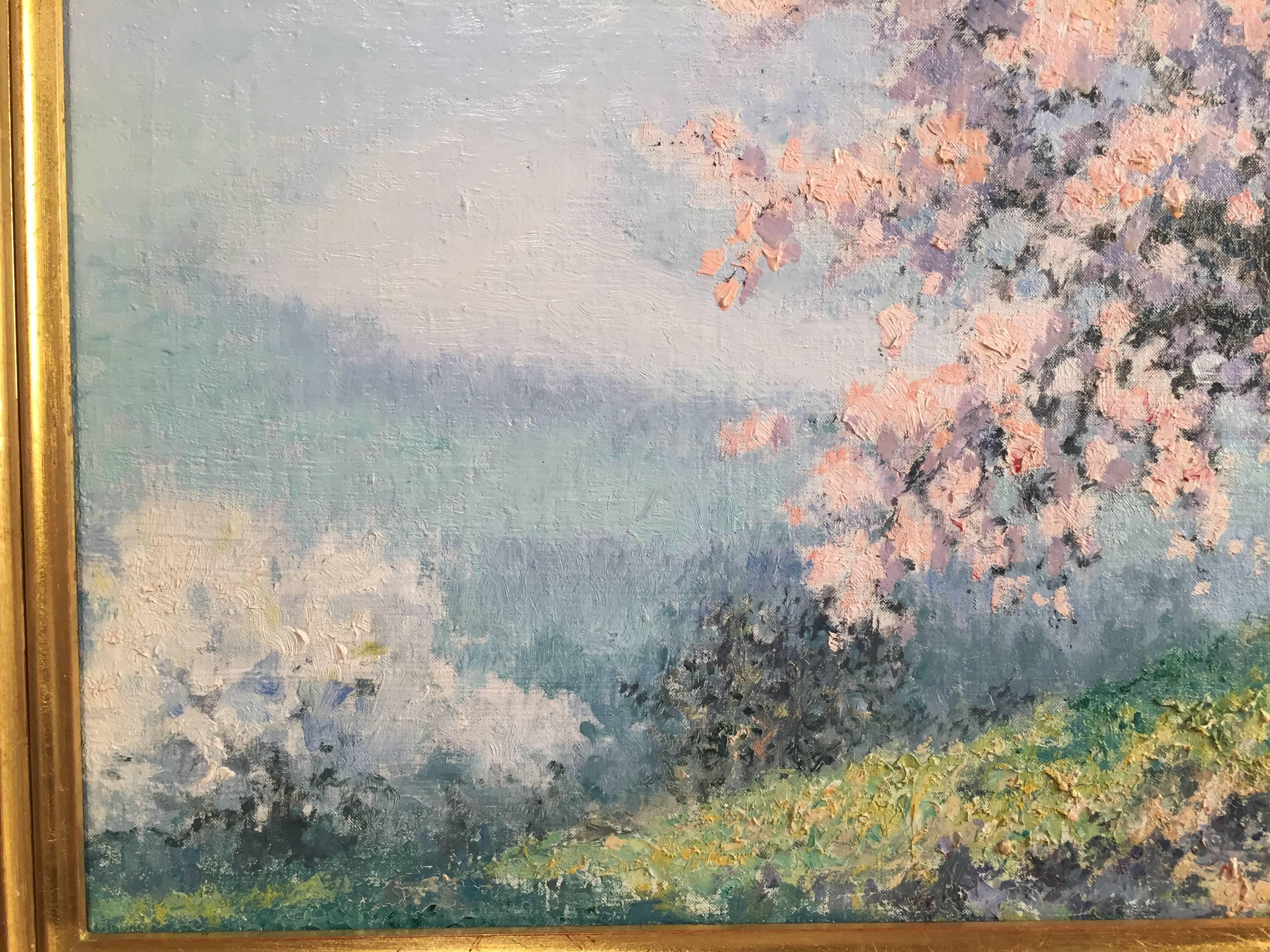 oil on canvas
20 x 26 inches
28 x 35 inches framed
22K gilded new custom frame
French Impressionist oil of a springtime landscape in tranquil jewel tones of pinks and greens. Flowering trees in the foreground with  a town in  the distance.
Son of an