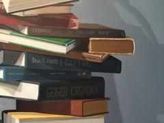 "Cremora Tower"  2014 large Cuban oil / canvas Books and Violin LARGE vertical