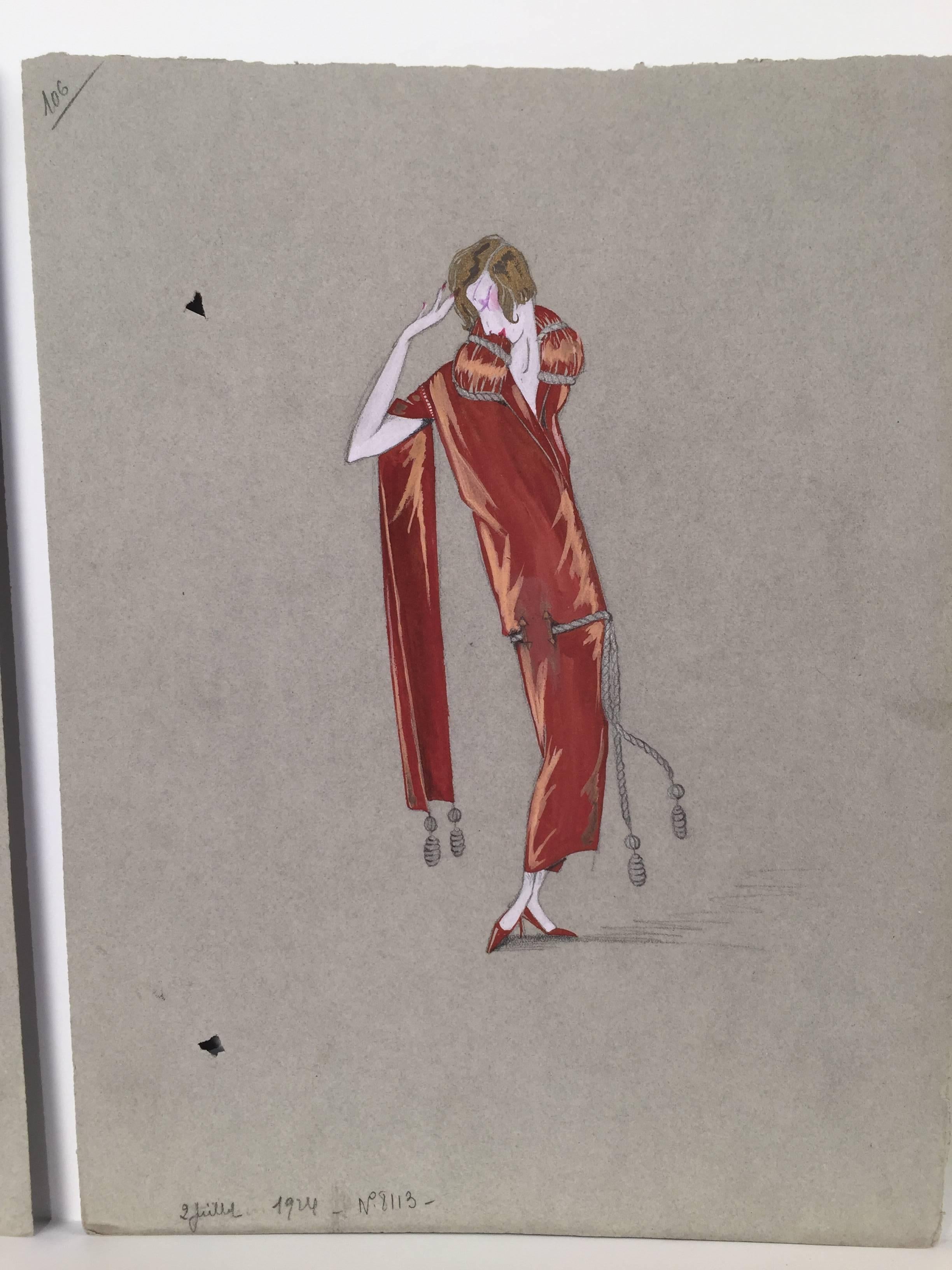 Set of 4, 1920's Deco French Fashion Design original gouache - Lanvin  - Painting by Unknown
