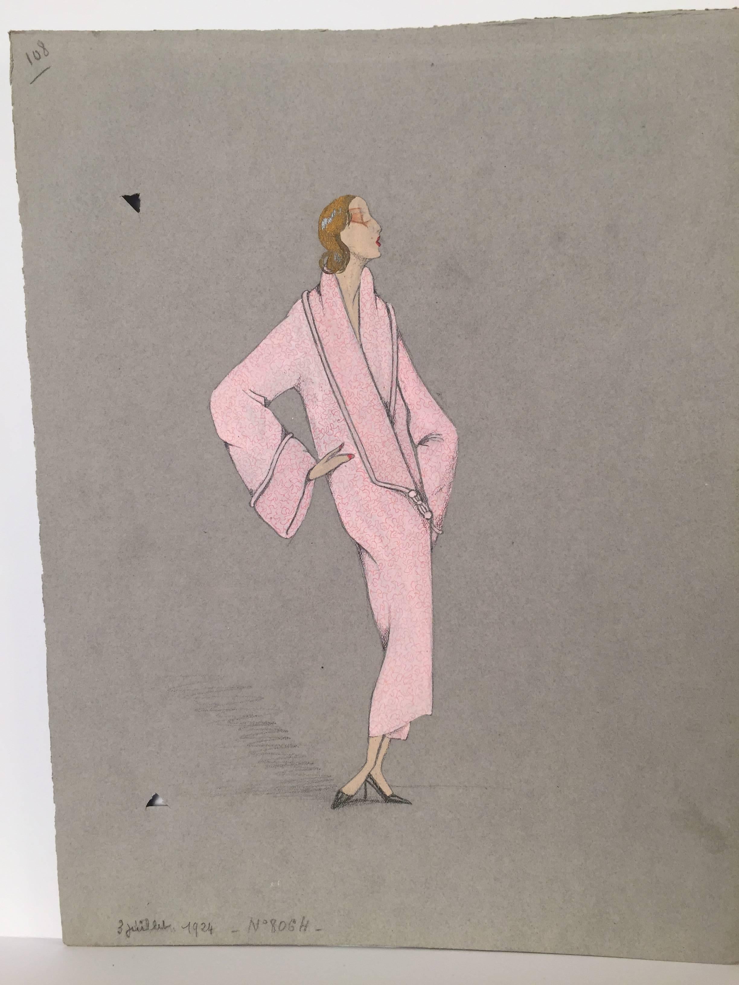 Set of 4, 1920's Deco French Fashion Design original gouache - Lanvin  - Art Deco Painting by Unknown