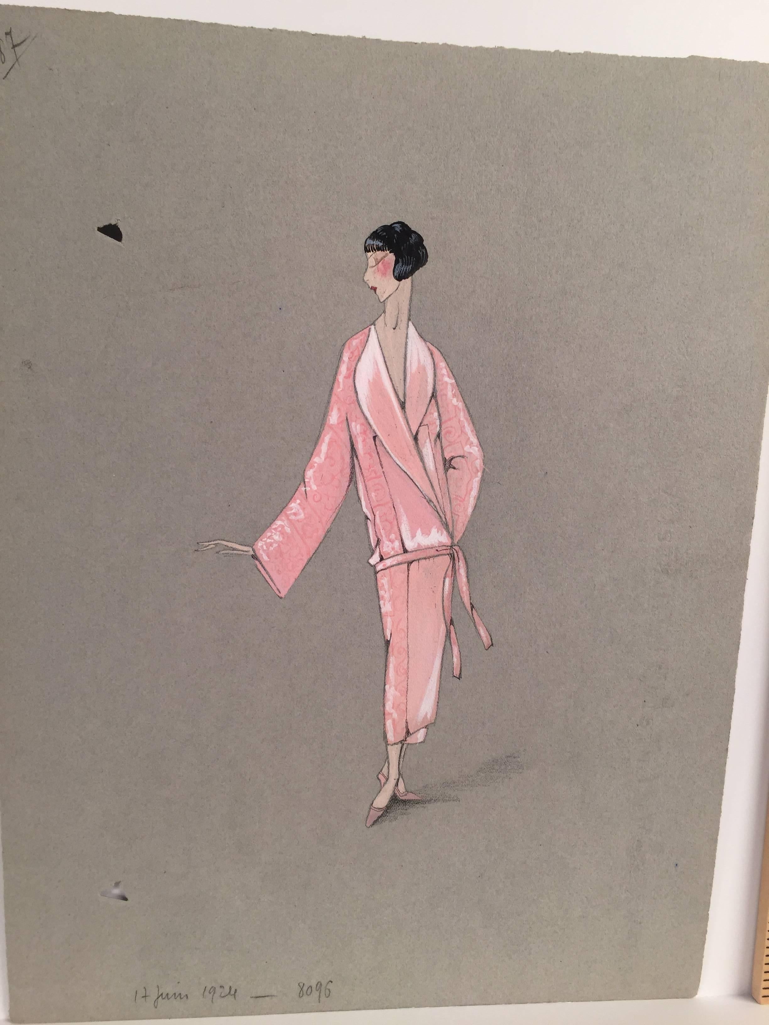 Set of 4, 1920's Deco French Fashion Design original gouache - Lanvin  - Gray Figurative Painting by Unknown