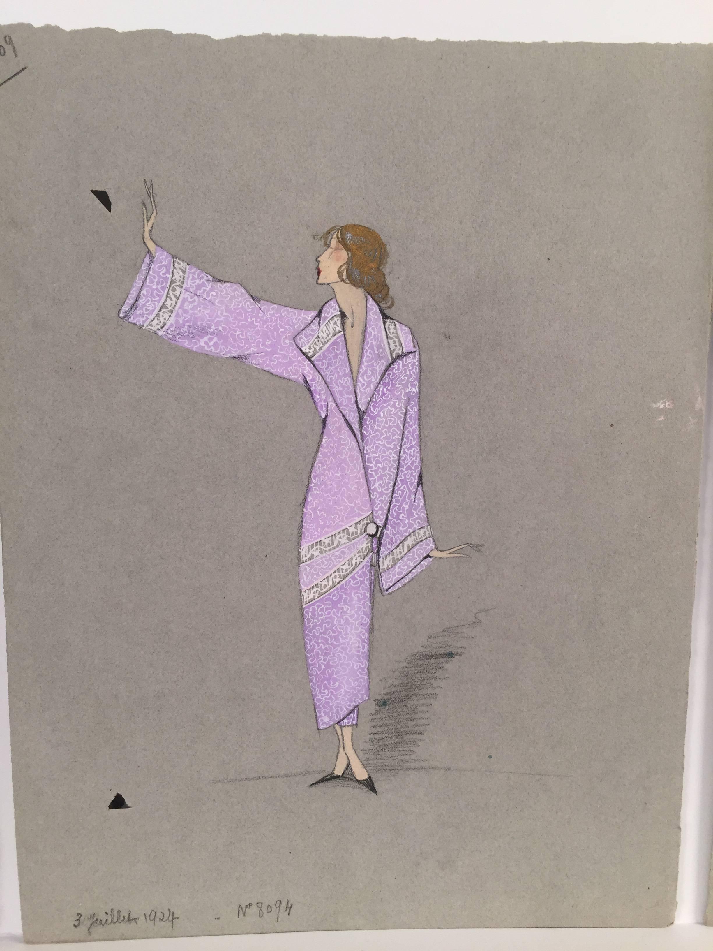 These FOUR pieces are original  one-of-a- kind French fashion stylized illustration in gouache. Pink and Purple, Erte like robe dress.  They come from a portfolio done in 1924 to 1926 in Paris.  They are original designs for a Paris designer's