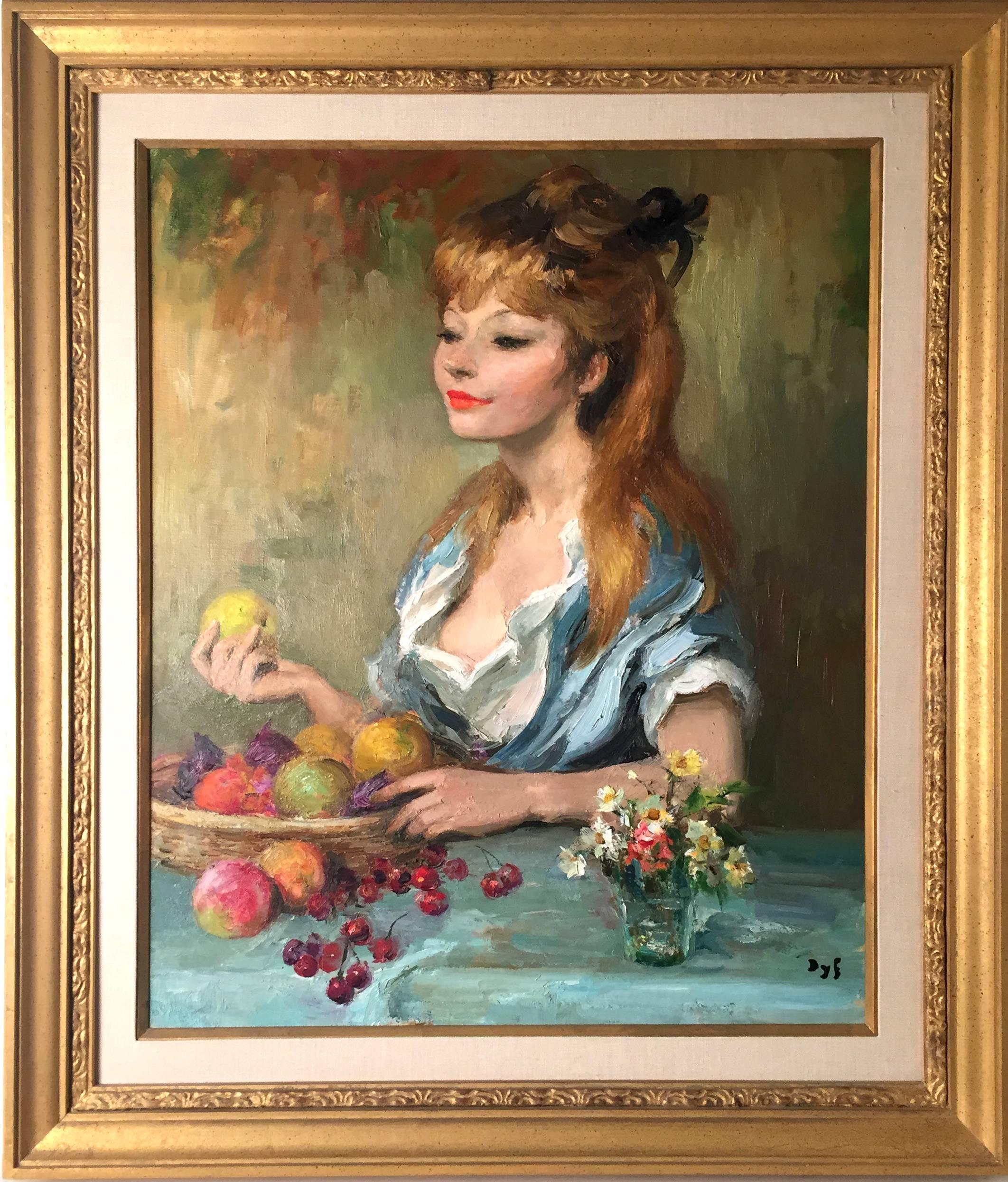 Marcel Dyf Figurative Painting - Pretty young girl sorting fruit, portrait 28 3/4 x 23 5/8 oil -  MCM Modern