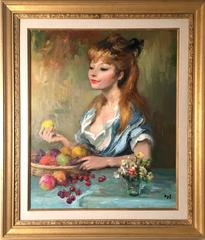 Vintage Pretty young girl sorting fruit, portrait 28 3/4 x 23 5/8 oil -  MCM Modern