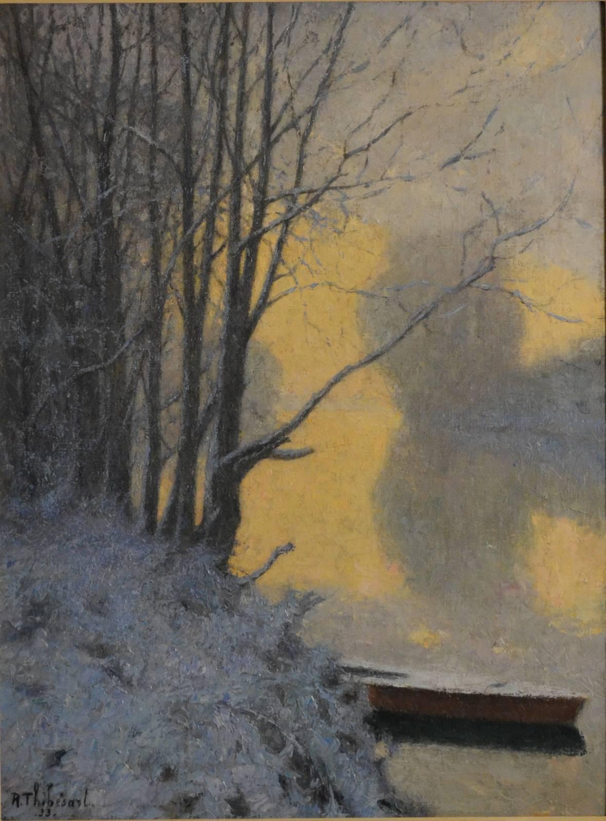 Raymond Thibesart Landscape Painting - Snowy Riverbank in the Morning