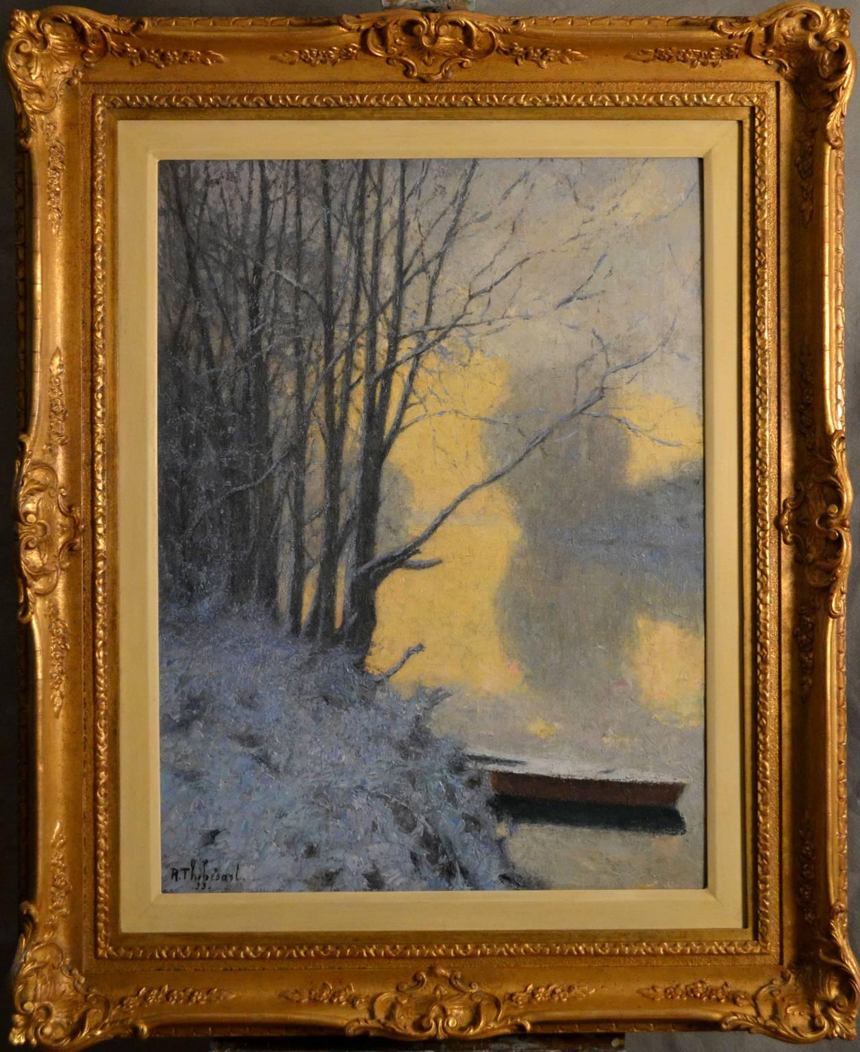 Snowy Riverbank in the Morning - Painting by Raymond Thibesart