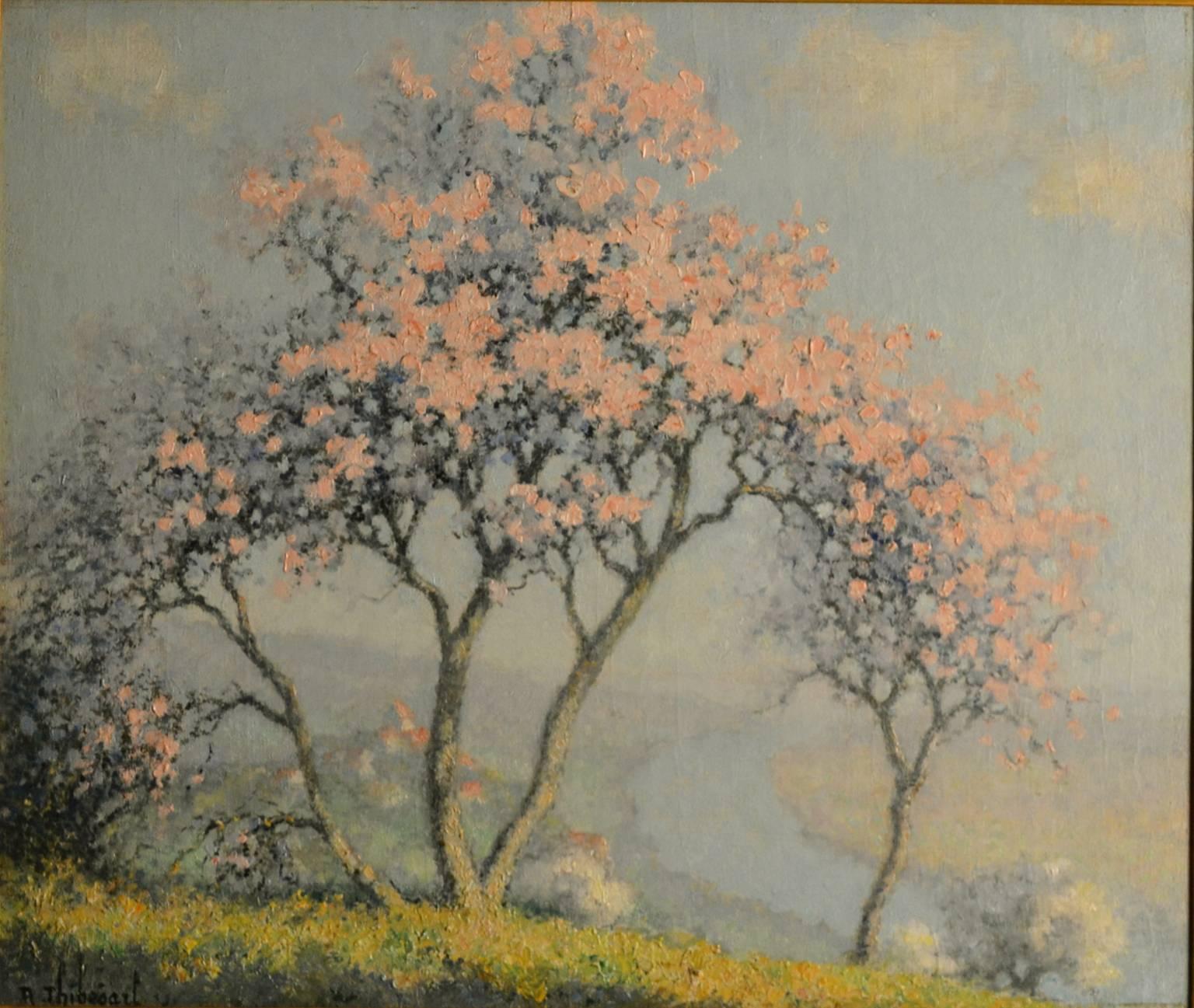 Raymond Thibesart Landscape Painting - "Cherry Blossoms"   Original Impressionist painting circa 1925