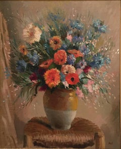 "Still Life on Chair"  oil on canvas  1969  Excellent condition, French floral