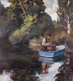 The Blue Boat - A boy sitting on a rowing boat, in a river and forest landscape