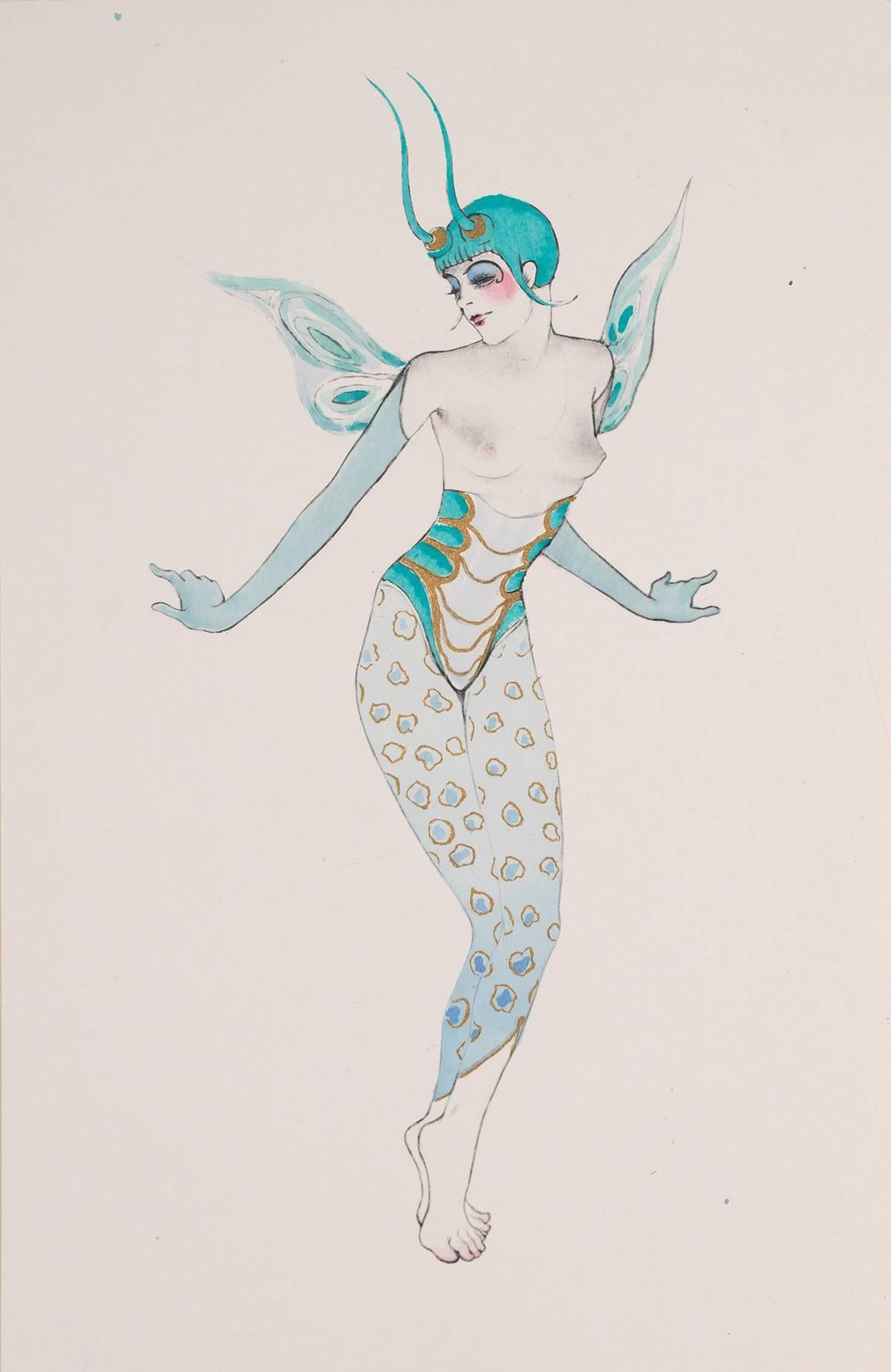 &quot;Grille&quot; (Cricket), a pochoir print from &quot;Ballet und Pantomime&quot; by Walter Schnackenberg, 1920. The 22 costume designs in this rare portfolio exemplify Schnackenberg's often decadent imagery.

Pochoir is a refined stencil based