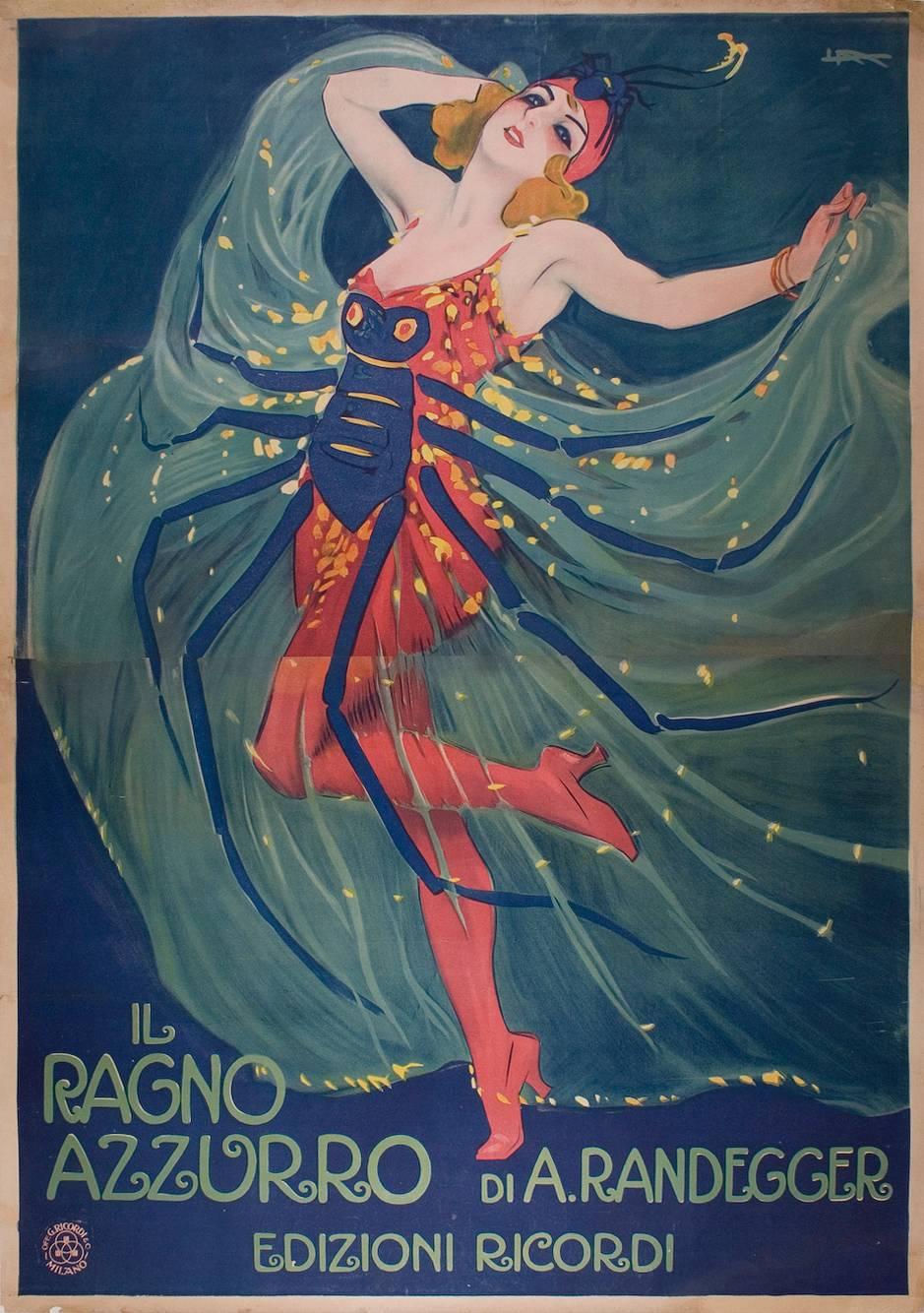A rare Italian stone lithograph poster by Leopoldo Metlicovitz, 1912. This stunning two sheet piece advertises the operetta &quot;The Blue Spider,&quot; composed by A. Randegger. Metlicovitz (1868-1944) is considered one of the masters of Italian