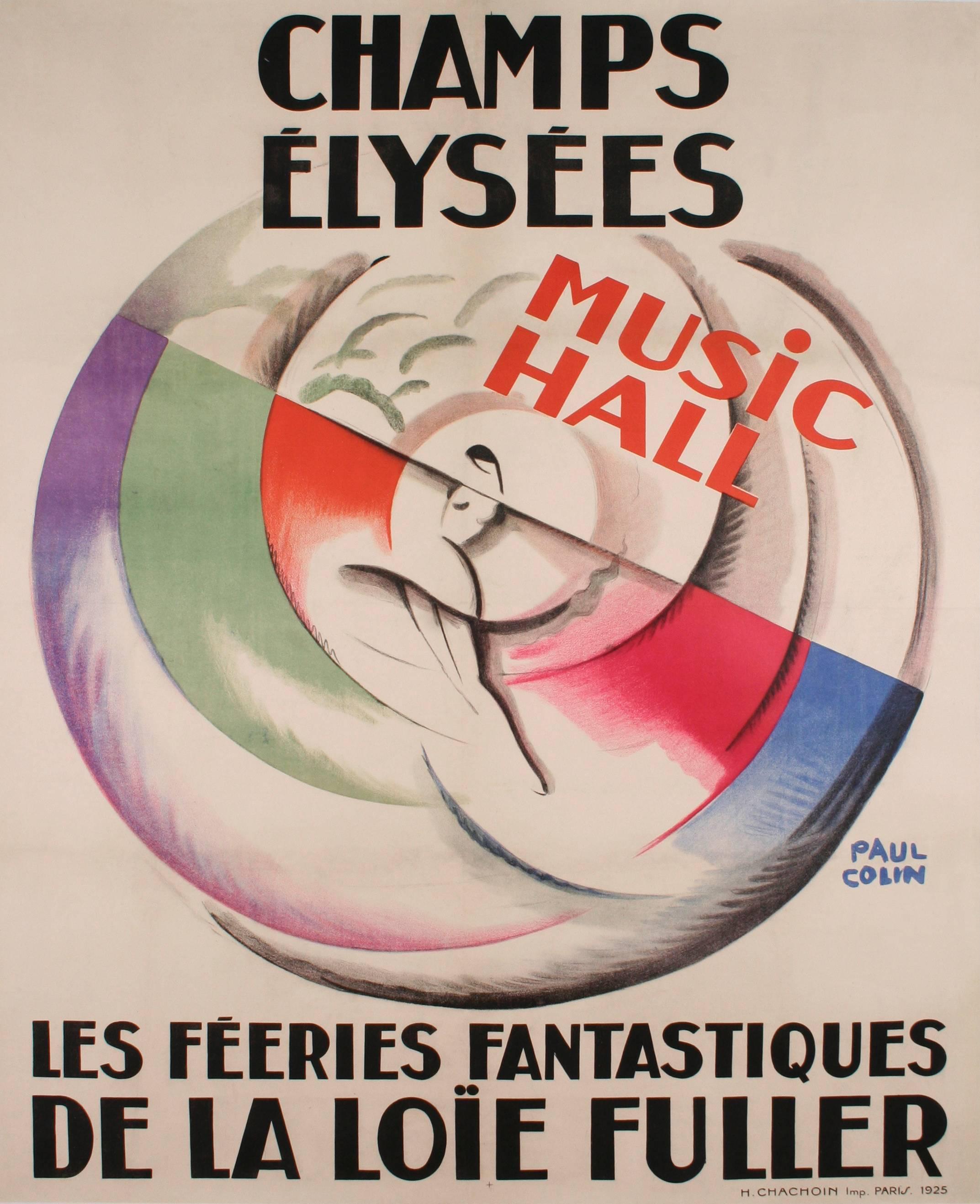 A rare piece by the French Art Deco period master poster artist Paul Colin, 1925. This is an advertisement for the dancer Loie Fuller's last performance at the Champs Elysees Music Hall; she was 68 at the time.