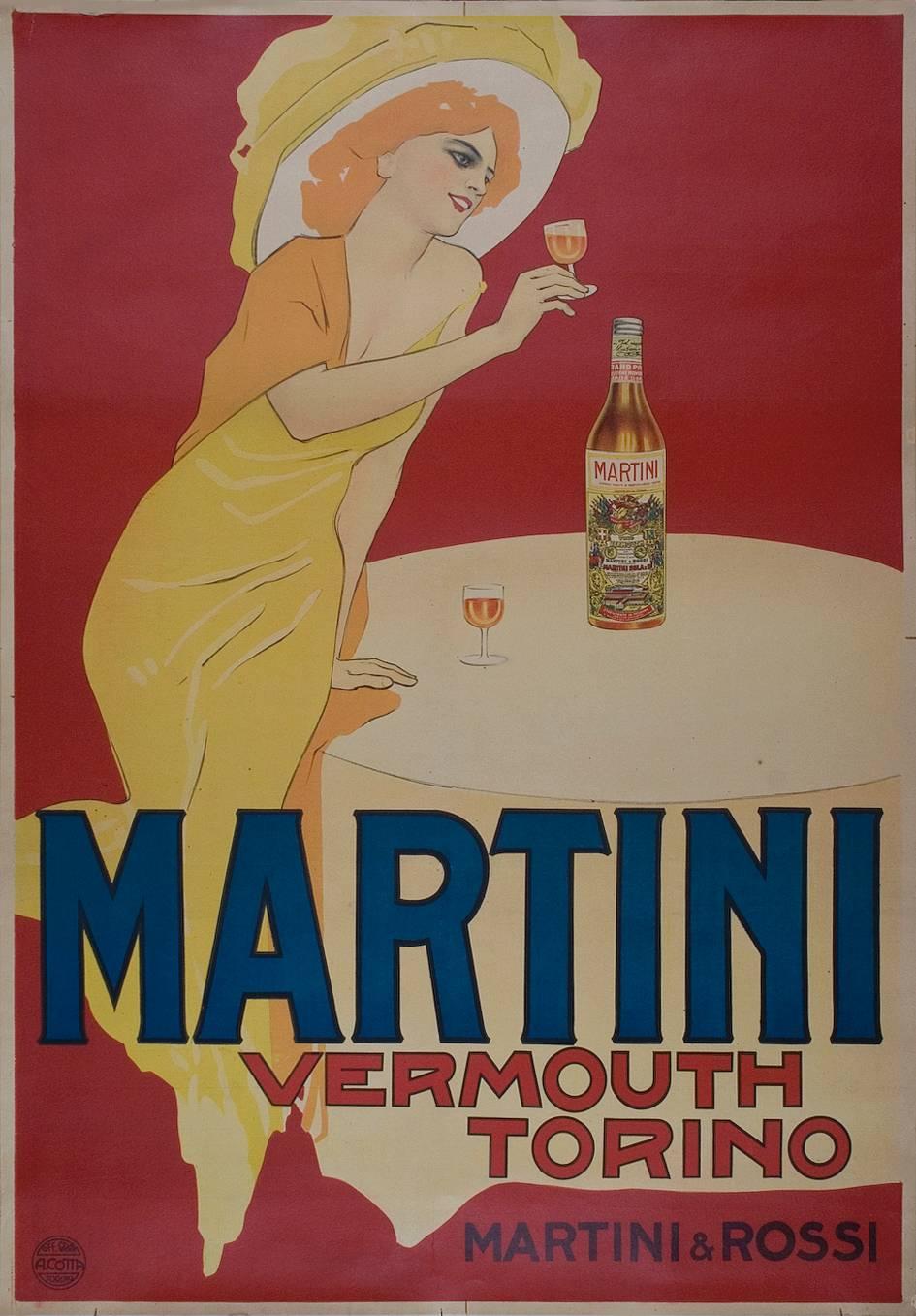 An Italian stone lithograph poster advertising &quot;Martini Vermouth Torino&quot; by Marcello Dudovich, circa 1910. Martini is a brand of Italian vermouth named for the Martini &amp; Rossi Distilleria Nazionale di Spirito di Vino in Turin. The