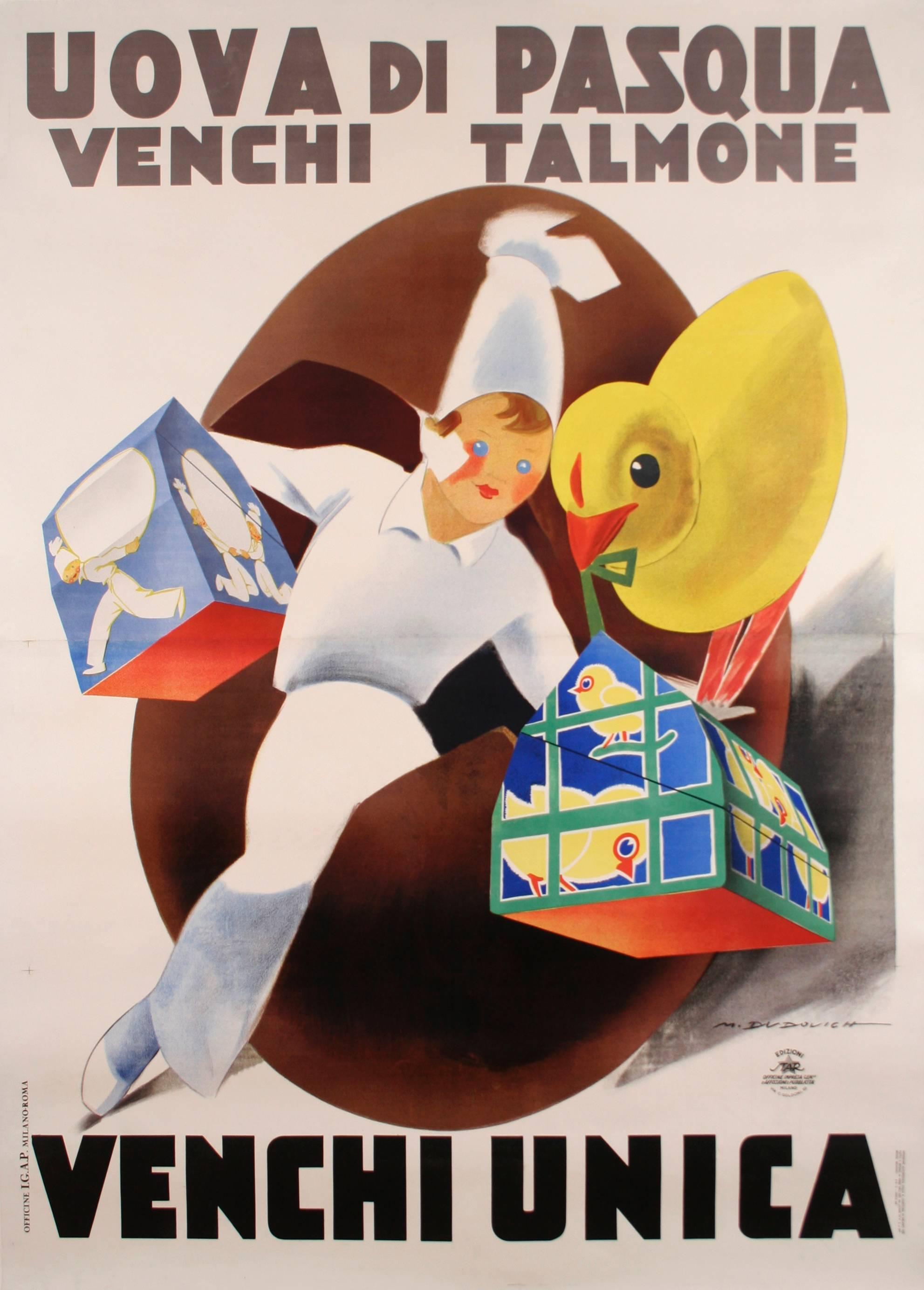 &quot;Venchi Unica,&quot; an Italian two sheet stone lithograph poster by Marcello Dudovich, circa 1930s. The Venchi chocolate company of Italy has been in existence for over one hundred years. This is a charming advertisement for their seasonal