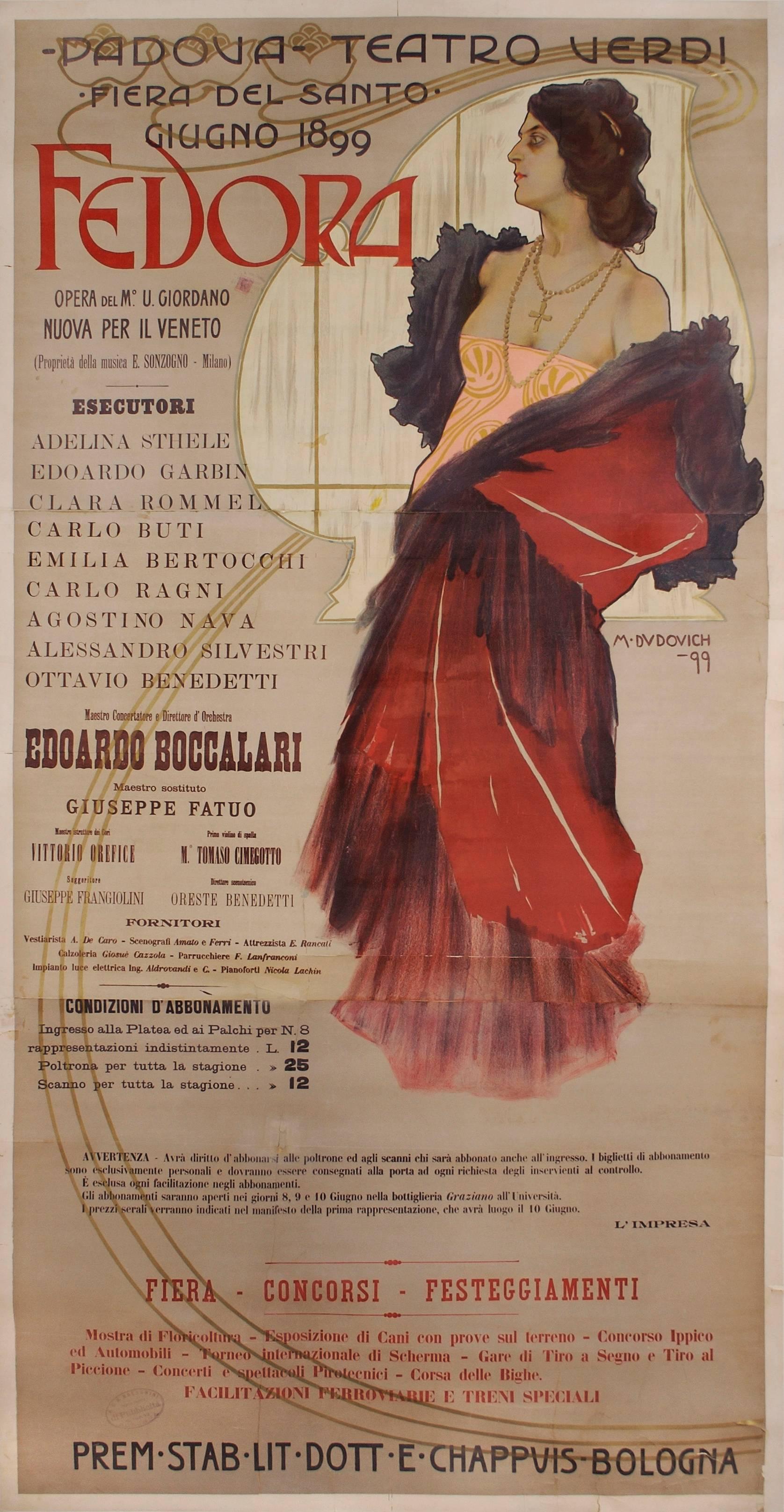 Italian Art Nouveau Period Stone Lithograph Opera Poster by Dudovich, 1899 - Print by Marcello Dudovich