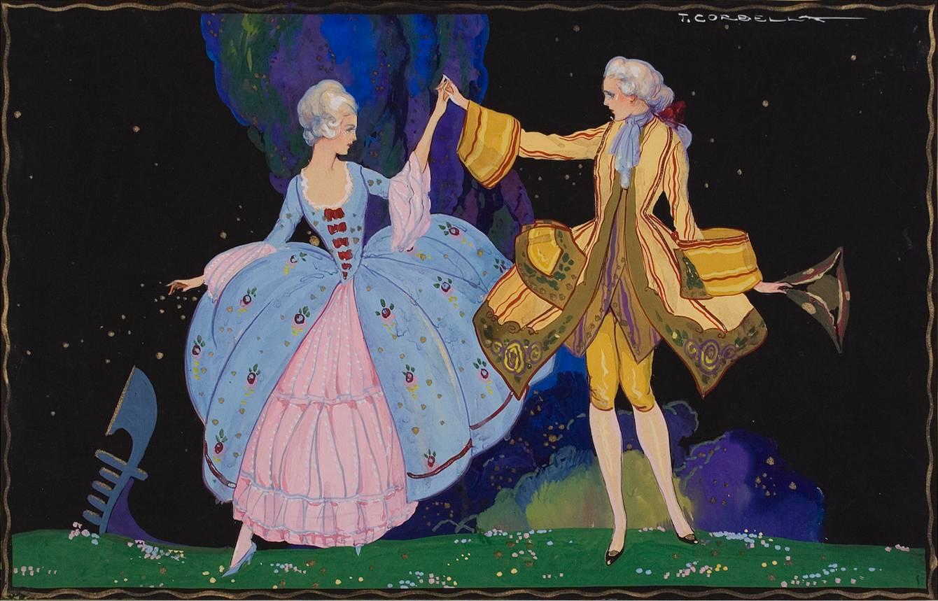 Zwei italienische Gouache-Gemälde aus der Zeit des Art déco von Tito Corbella, ca. 1920er Jahre im Angebot 1