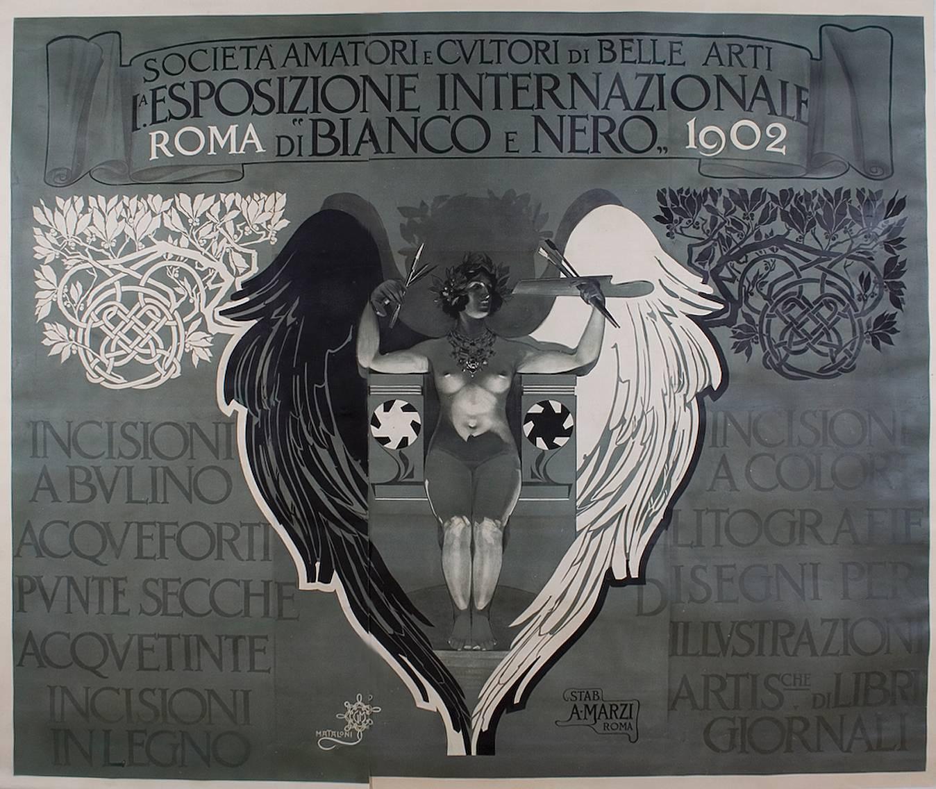 A very rare two sheet poster by Giovanni Mataloni. This piece advertises a black and white art exhibit (which included engravings, etchings, woodblocks, etc.) sponsored by the "Society of Amateurs and Connoisseurs of Fine Arts" in Rome, 1902.