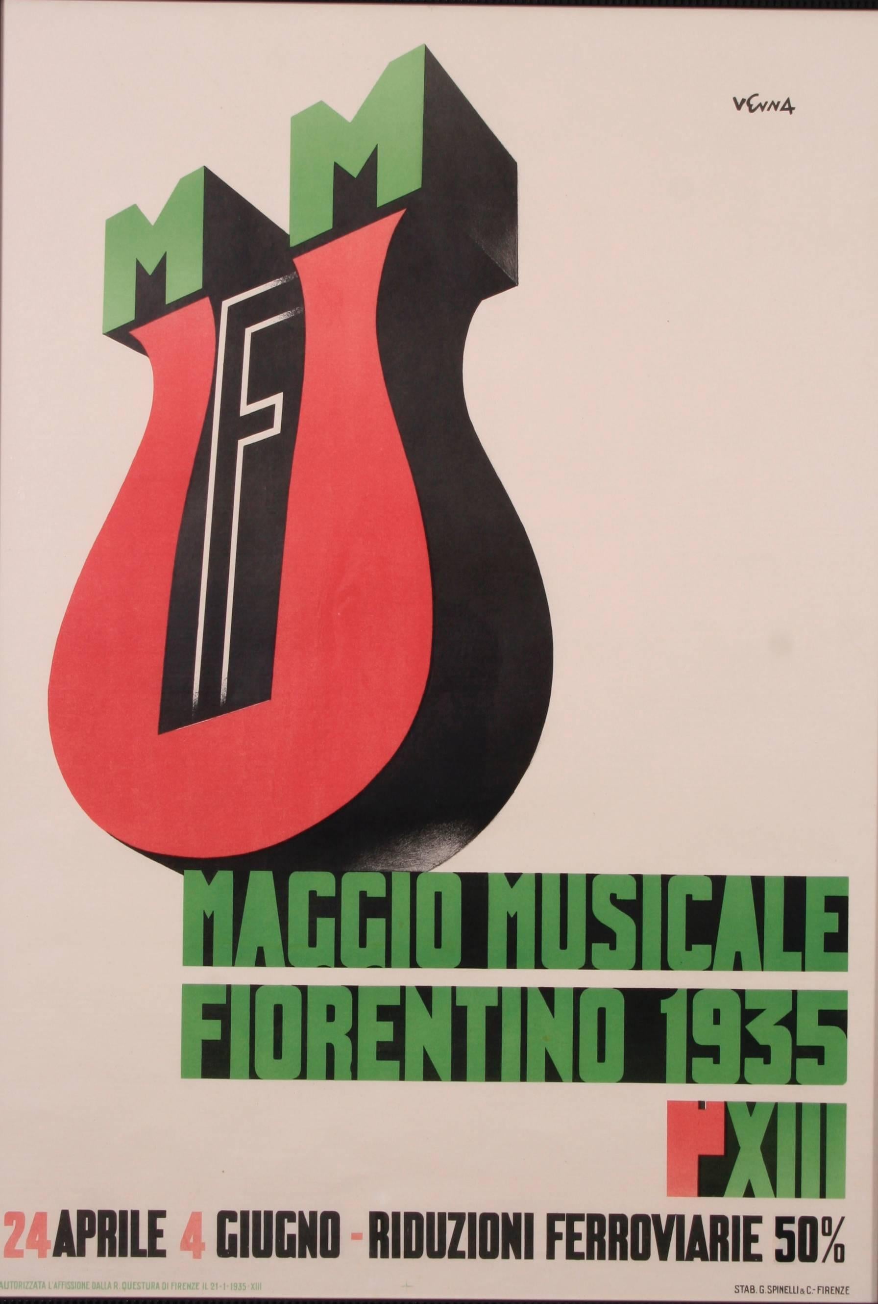Italian "Futurist" style poster by Lucio Venna (pseudonym of Giuseppe Landsmann), 1935. This is an advertisement for the "Maggio Musicale Florentino," an annual musical festival in Florence which began in 1933 and continues to the present day. The