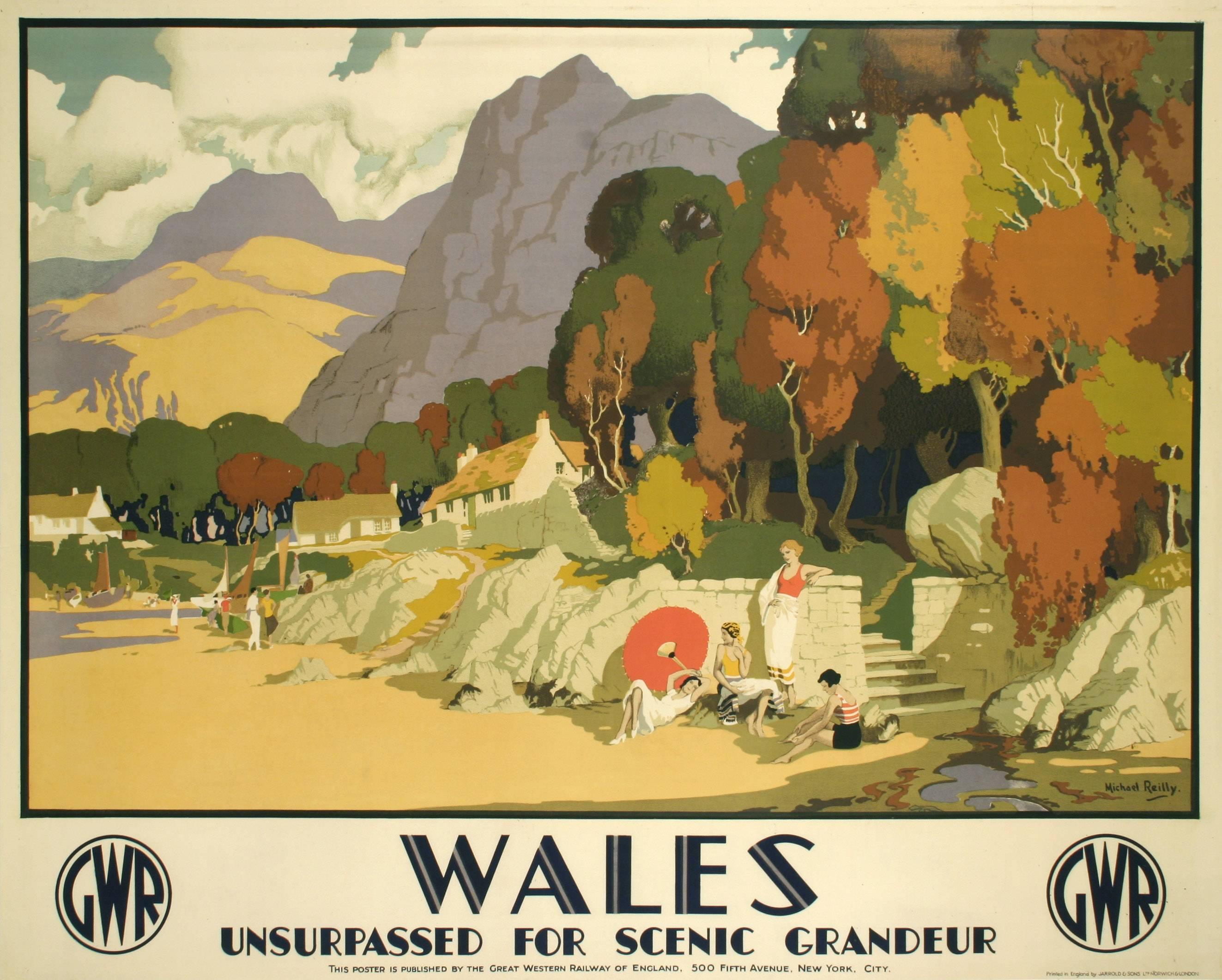 A British Railway poster by Michael Reilly, circa 1930. This piece promotes rail travel to Wales, &quot;unsurpassed for scenic grandeur,&quot; with its mountains and beaches.   

Reilly (b. 1898) was a well respected British landscape painter.