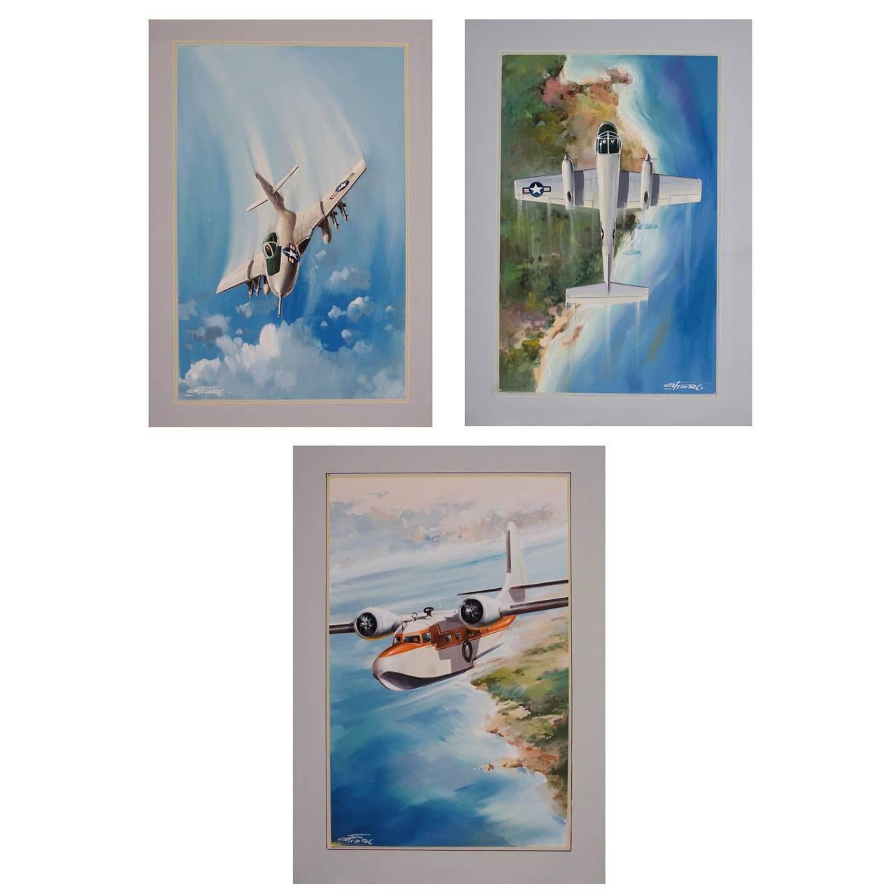 A set of three remarkable jet plane watercolors created by Italian artist Amleto Fiore, c. 1950's, all signed.  Fiore (1920-2008) was an accomplished illustrator during World War II. His aviation and maritime pieces are particularly prized.