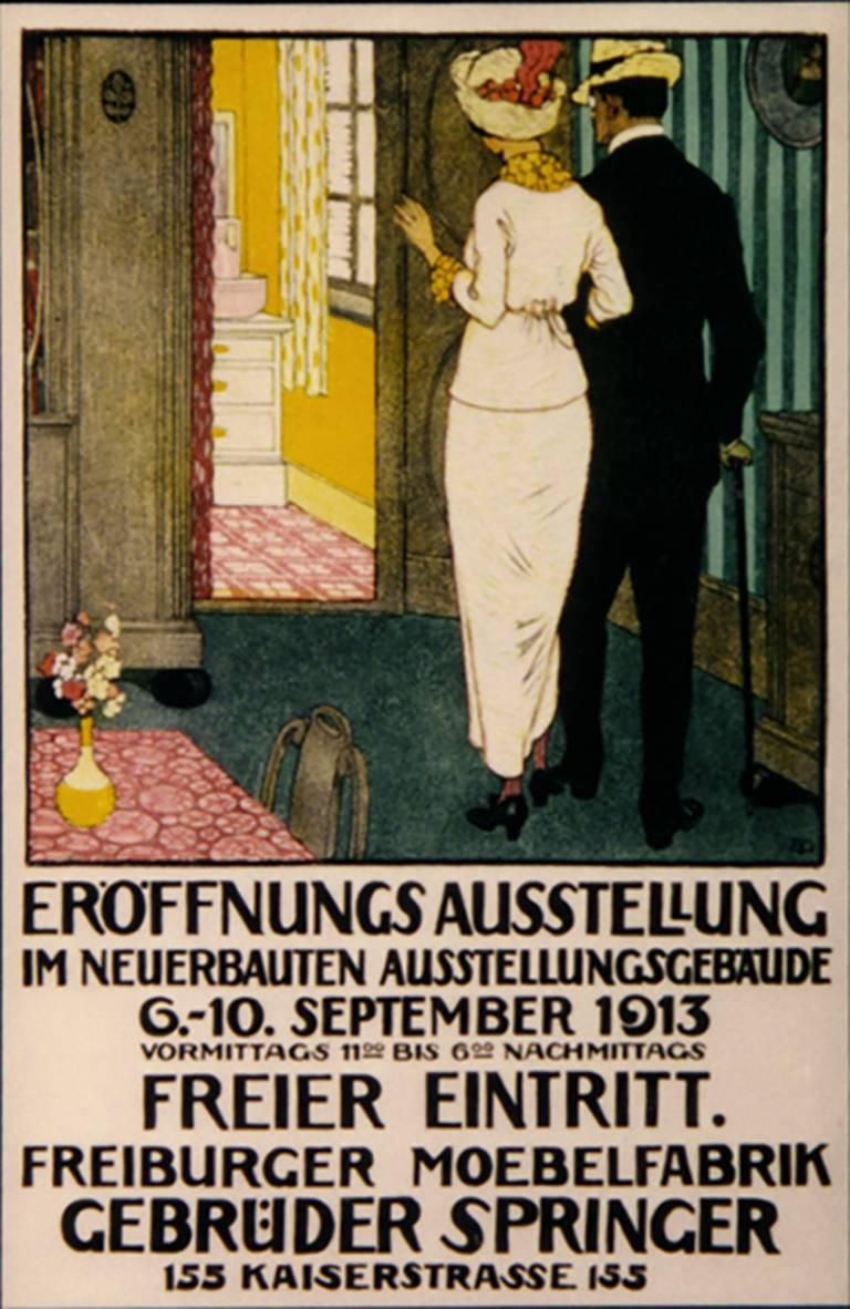 An elegant advertisement for a 1913 home decoration exhibit in Switzerland. The Swiss born artist Burkhard Mangold (1873-1950) studied in both Paris and Munich, where he was influenced by the Jugendstil (the German equivalent of Art Nouveau) artists
