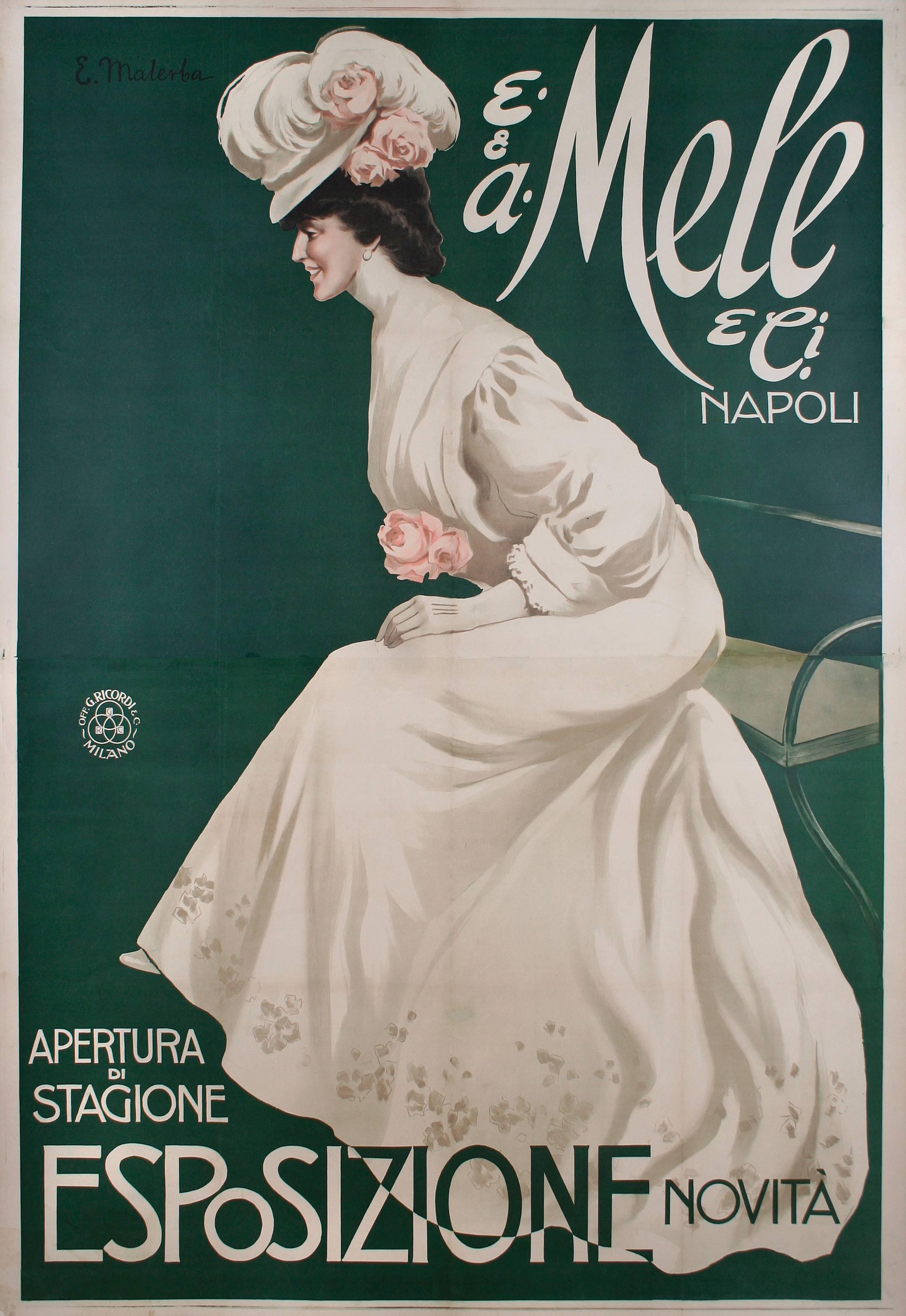 A lovely large (two sheet) Italian fashion poster by Gian Emilio Malerba, 1906. This is an advertisement for the Mele Department Store's new line of women's fashions.  

Gian Emilio Malerba (1880-1926) was an Italian born painter and illustrator