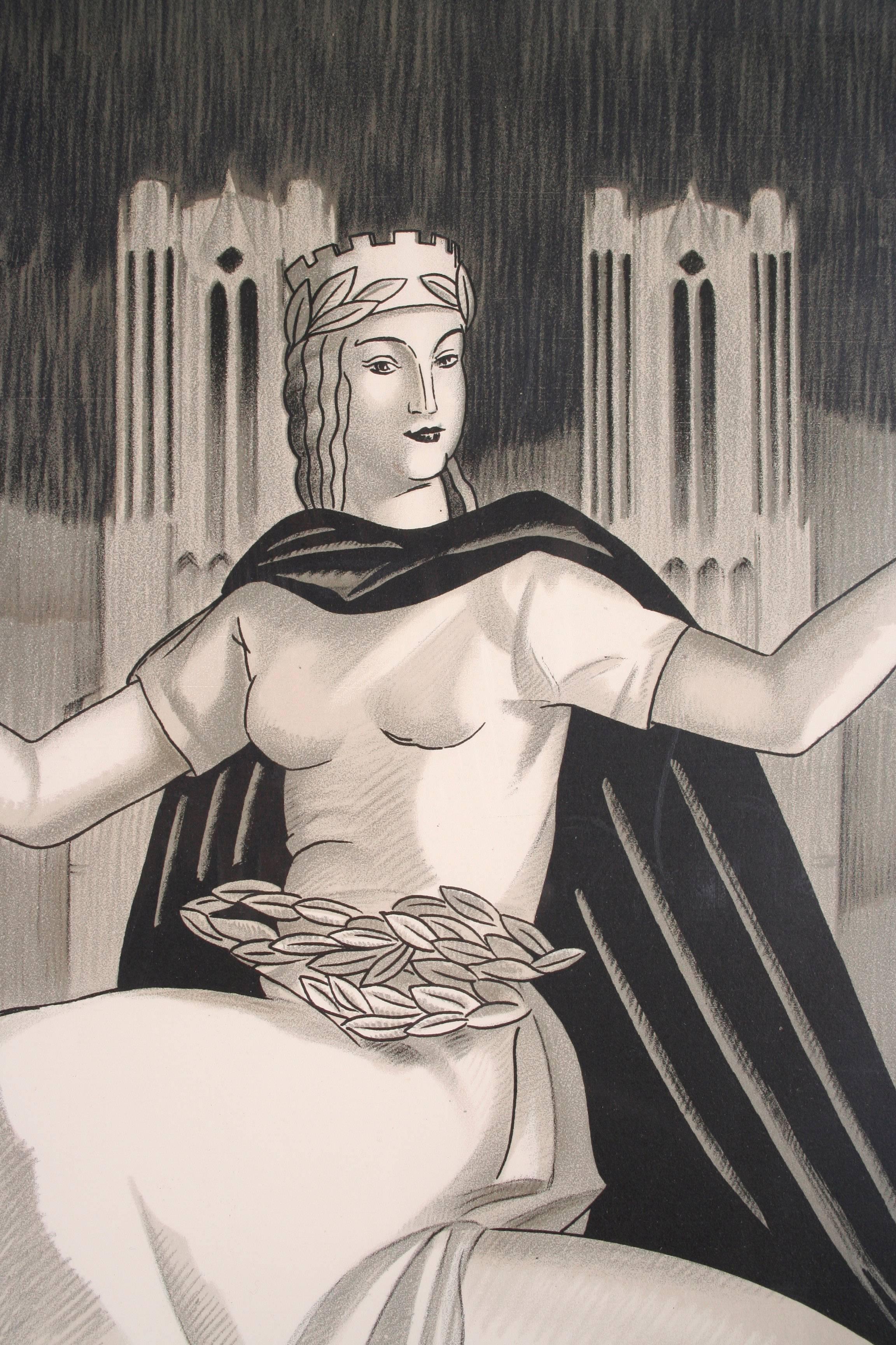 A French Art Deco period lithograph by Adrien Senechal, circa 1940. The artist Senechal (1895-1974) lived his entire live in the city of Reims; in 1919 he created a series of 18 pastels representing the burning of the Reims cathedral during World