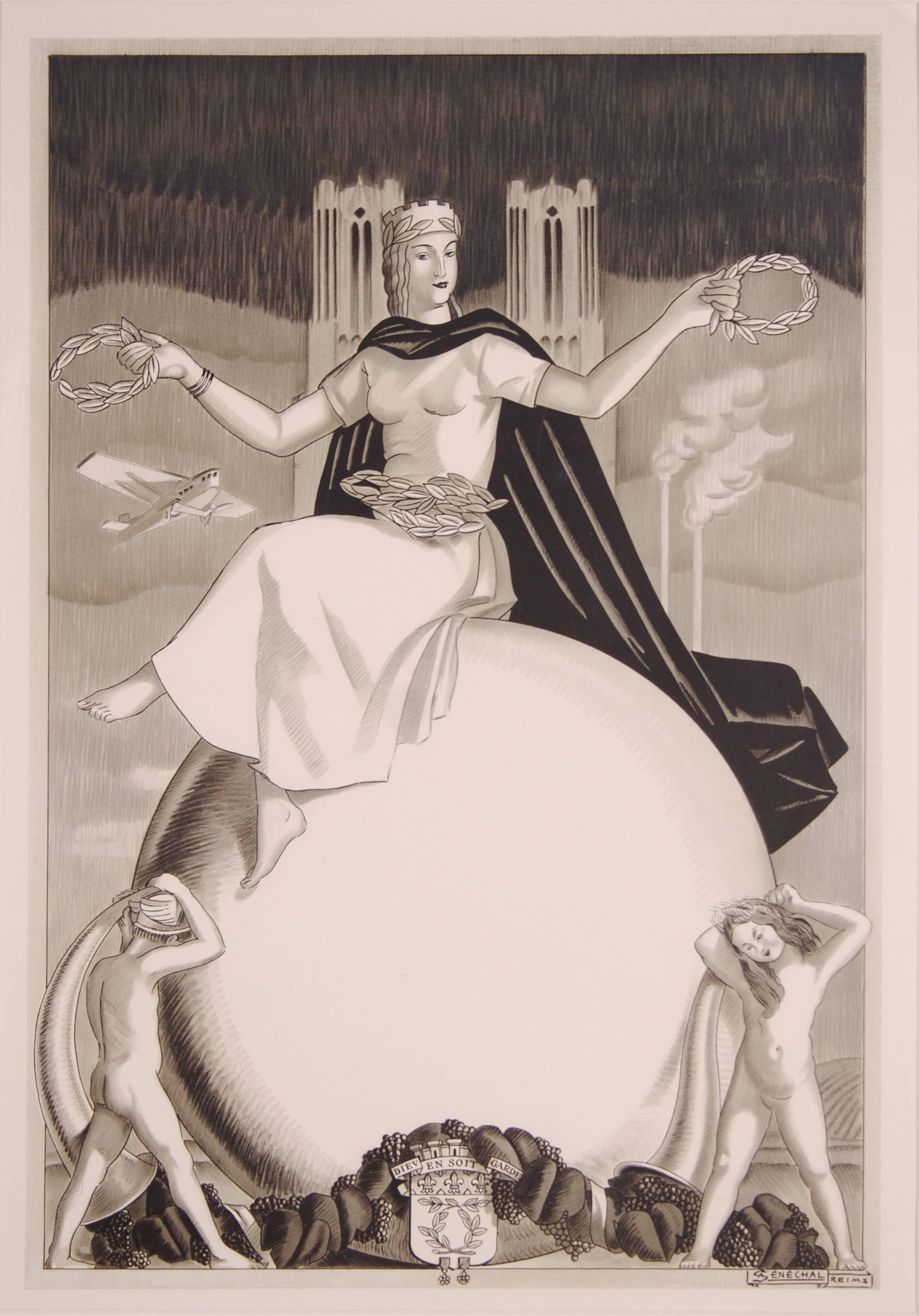 "Reims, " a French Art Deco Period Lithograph by Adrien Senechal, circa 1940 - Print by Adrien Sénéchal