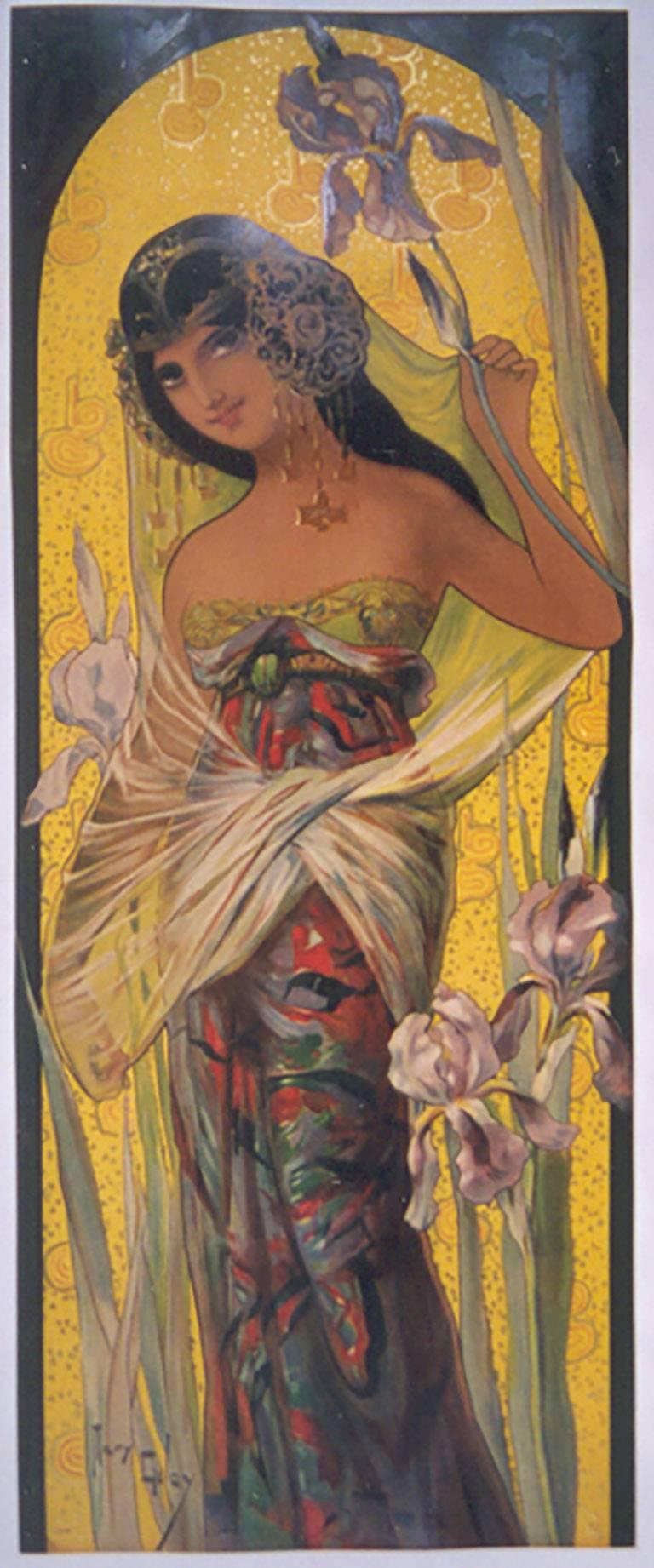 &quot;Iris Seduction,&quot; (Depose No. 2) a French Art Nouveau period decorative panel by Mary Golay, 1900.  

Golay (1869-1944) was a Swiss born painter and printmaker who specialized in pieces with floral motifs.  

Would make a lovely pair