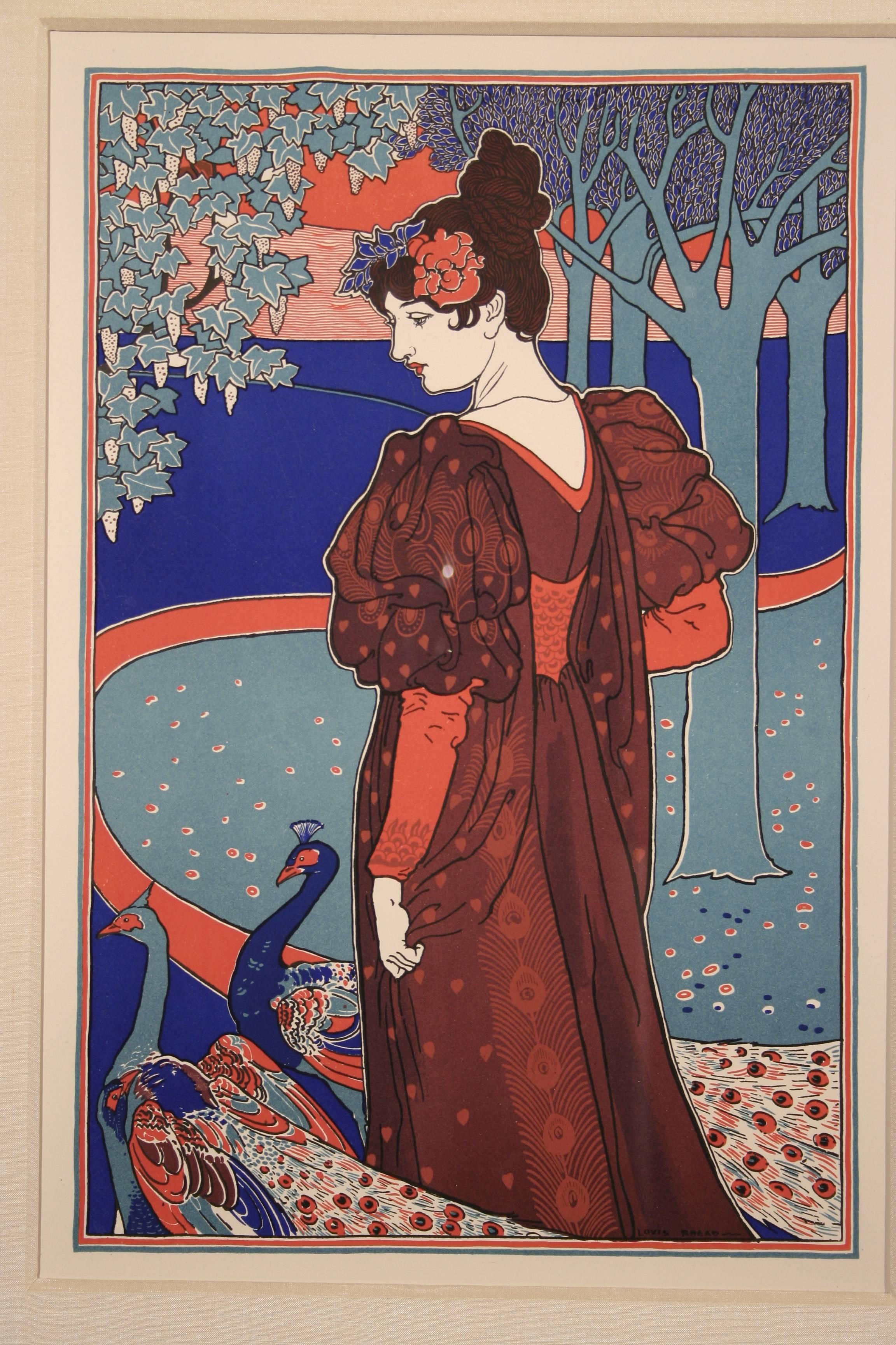 "Woman with Peacocks," a lithograph by Louis Rhead (1857 - 1926) from the album of original prints "L'Estampe Moderne," published monthly between May 1897 and April 1899. Of British heritage, Rhead emigrated to the United States in 1883, becoming a