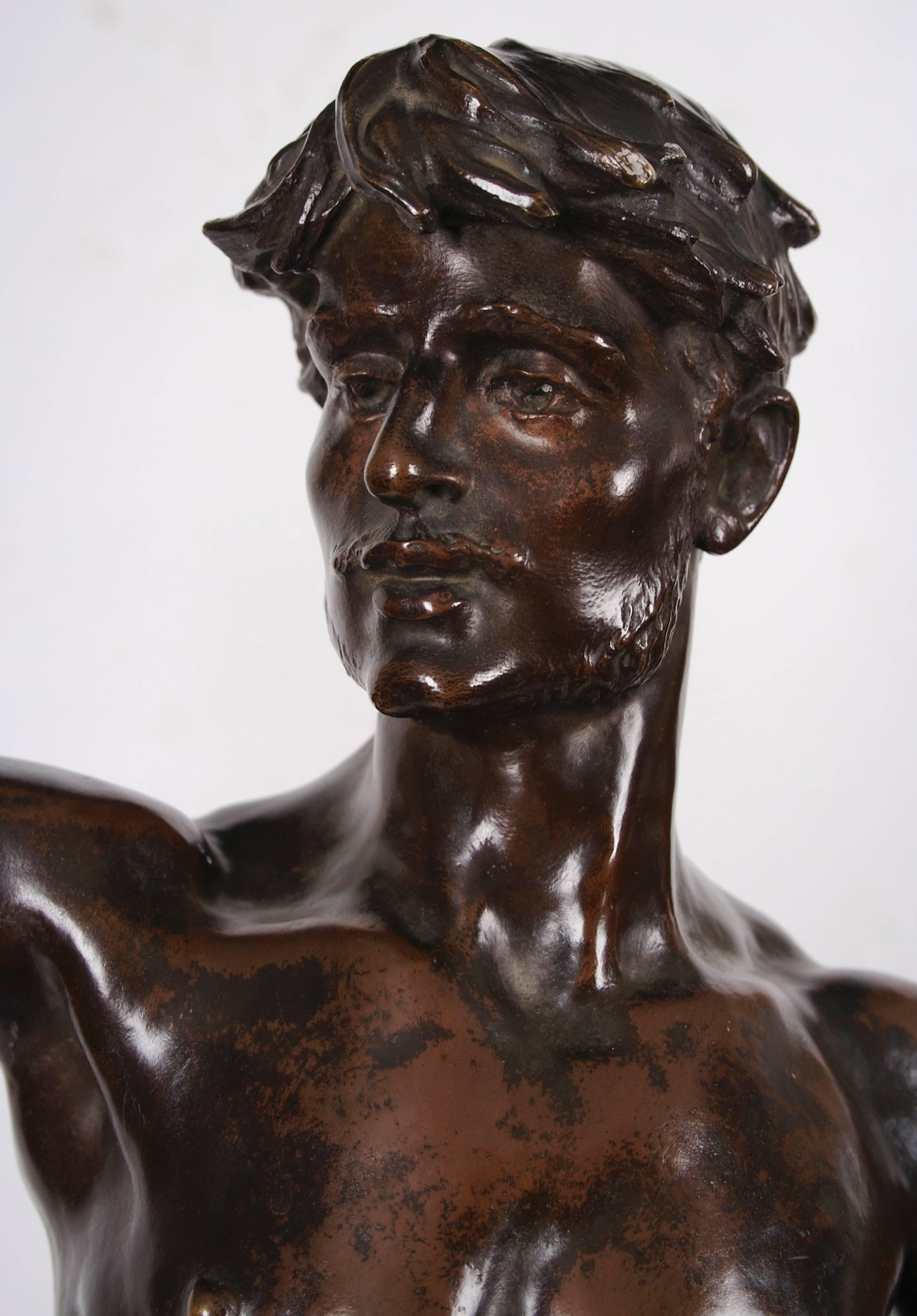 Magnificent bronze sculpture of "Actaeon the Hunter," by Marcel Debut, France, circa 1900. Signed near base on right hand side.

 Debut (1865-1933)  exhibited at the Paris Salon from 1833 until the outbreak of World War 1. His sculptures