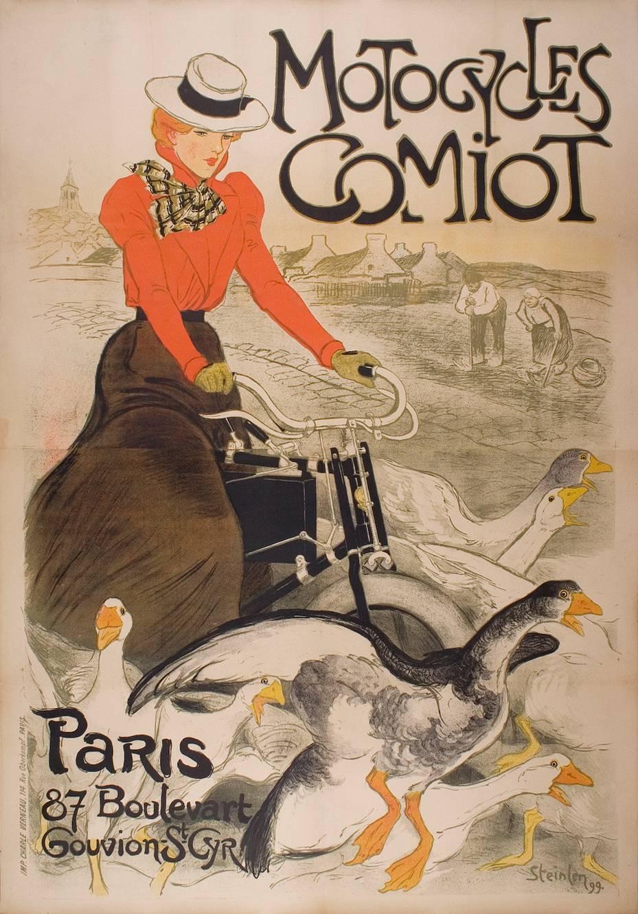Large French Turn of the Century Motorcycle Poster by Steinlen, 1899 - Print by Théophile Alexandre Steinlen