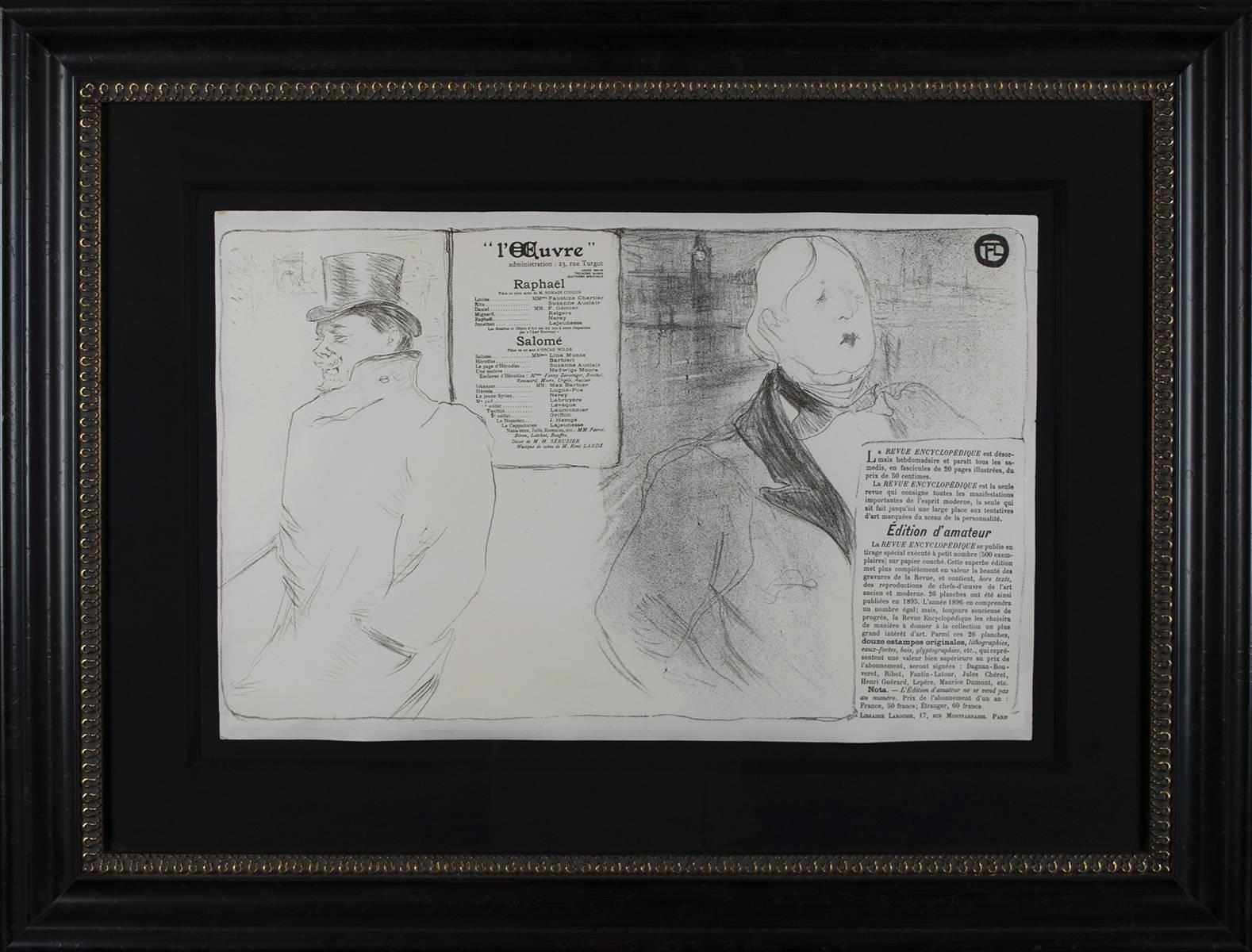 A French Turn of the Century theatre program by Henri de Toulouse-Lautrec, 1896. In this work commissioned by the Theatre de l'Oeuvre, Lautrec portrays the writers Romain Coulis (left) and Oscar Wilde (right.) In its final state, the lithograph was