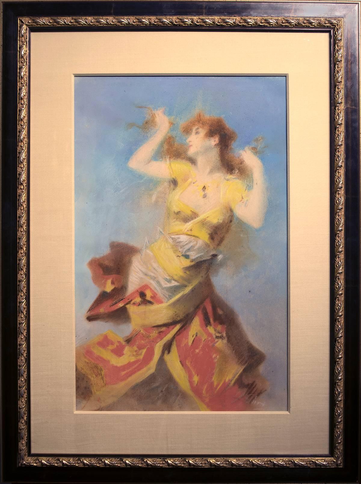 Jules Chéret Figurative Painting - Original Pastel Painting of a Dancing Woman by Jules Cheret, early 1900s