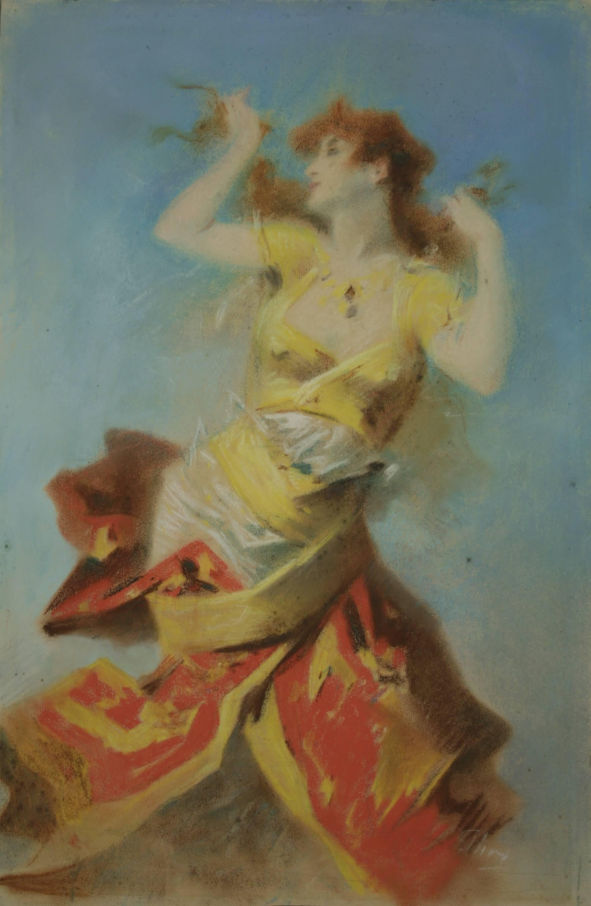 Original Pastel Painting of a Dancing Woman by Jules Cheret, early 1900s - Brown Figurative Painting by Jules Chéret