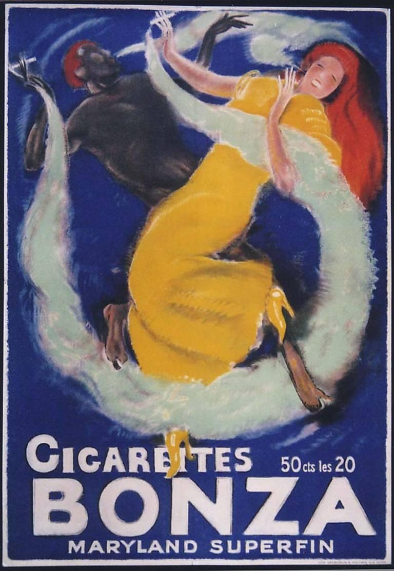 Exquisites und sehr seltenes Plakat für Bonza-Zigaretten von Charles Loupot, ca. 1919. Loupot (1892-1962) wurde in Frankreich als Sohn französisch-schweizerischer Eltern geboren. Nach seinem Studium an der Ecole des Beaux-Arts arbeitete er sowohl in