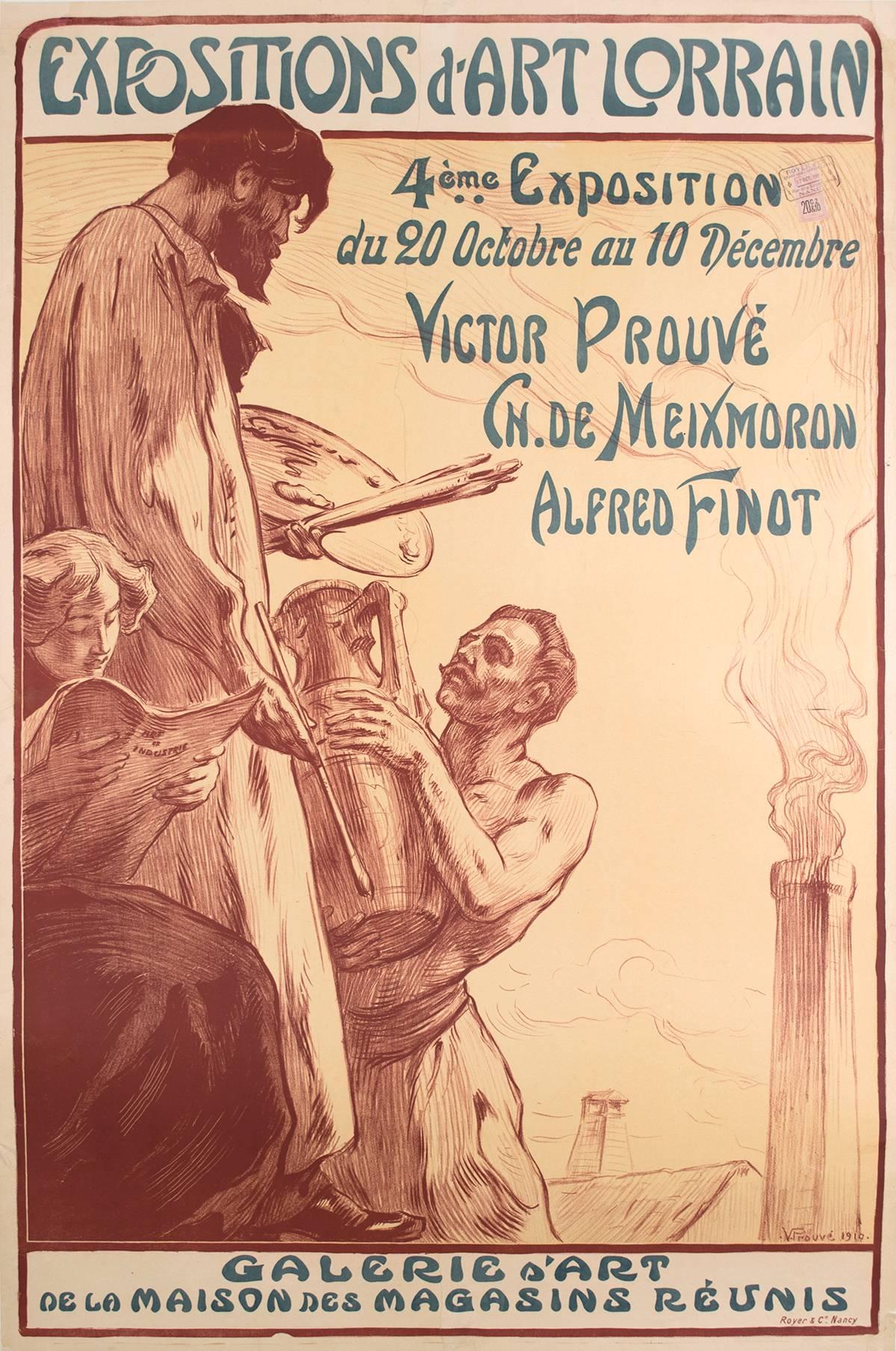 Early 20th Century French poster by Victor Prove, 1910. This is an advertisement for an art exhibition in Lorrain which included works by the artist.

Prouve (1858-1943) was a painter, sculptor and engraver of the Ecole de Nancy, which spearheaded