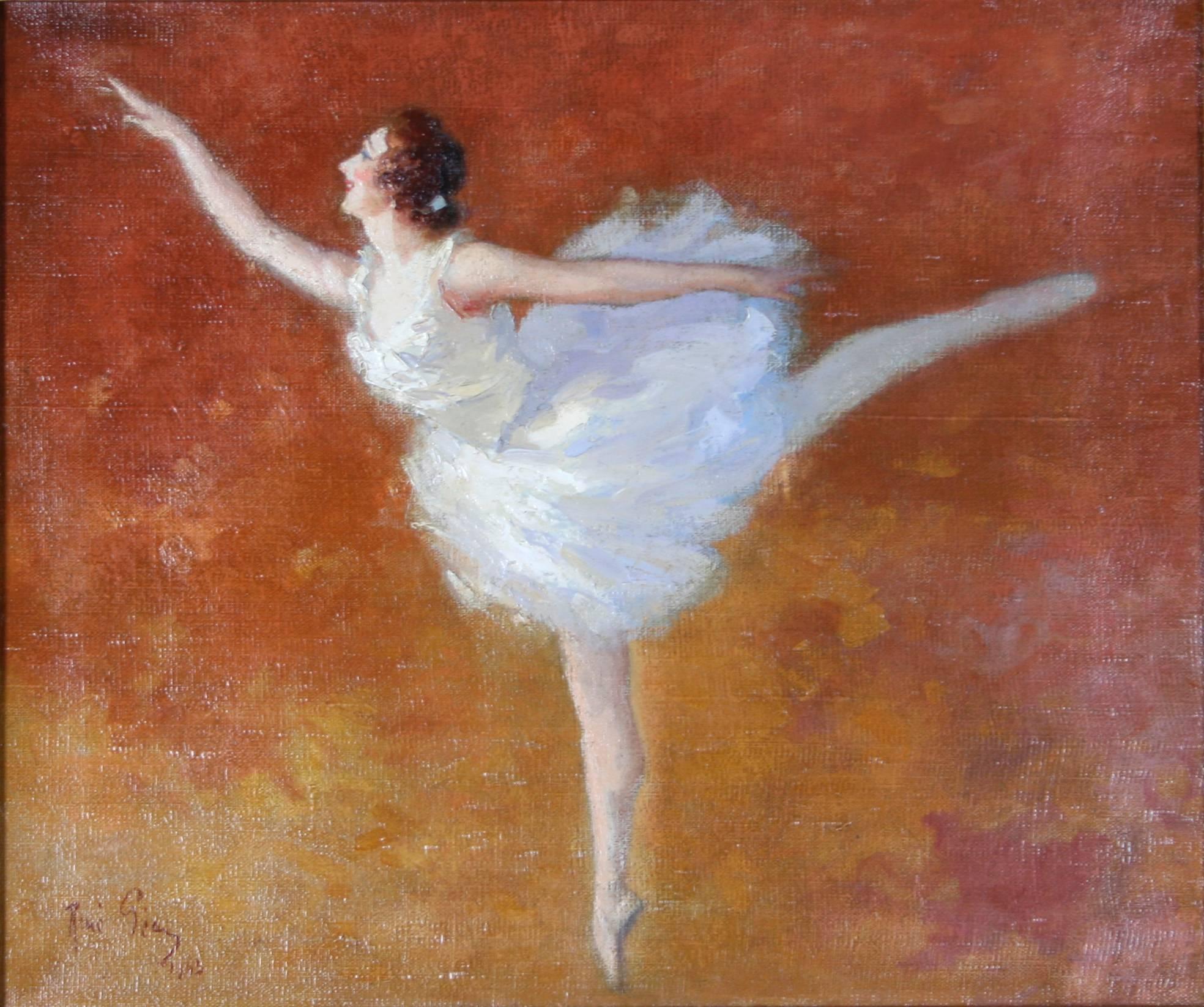 A lovely oil on canvas painting of a ballerina in the arabesque pose by Rene Pean, 1945. Signed and dated lower left.

French born Pean (1875-1956) produced many posters while working at Chaix, Jules Cheret's printing house. After world War I, he