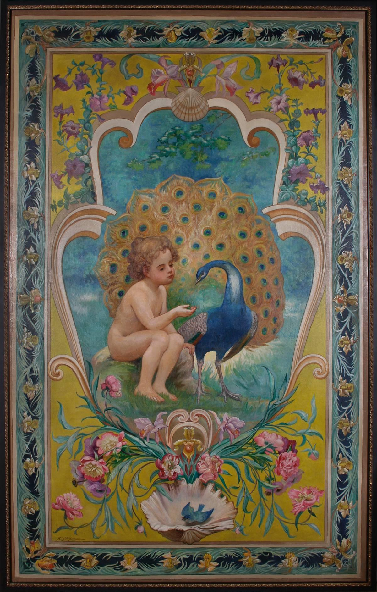 Large scale French turn of the century oil on canvas painting by Eugene Millochau, circa 1900. A brilliantly colored peacock with cherub is surrounded by a decorative floral border.