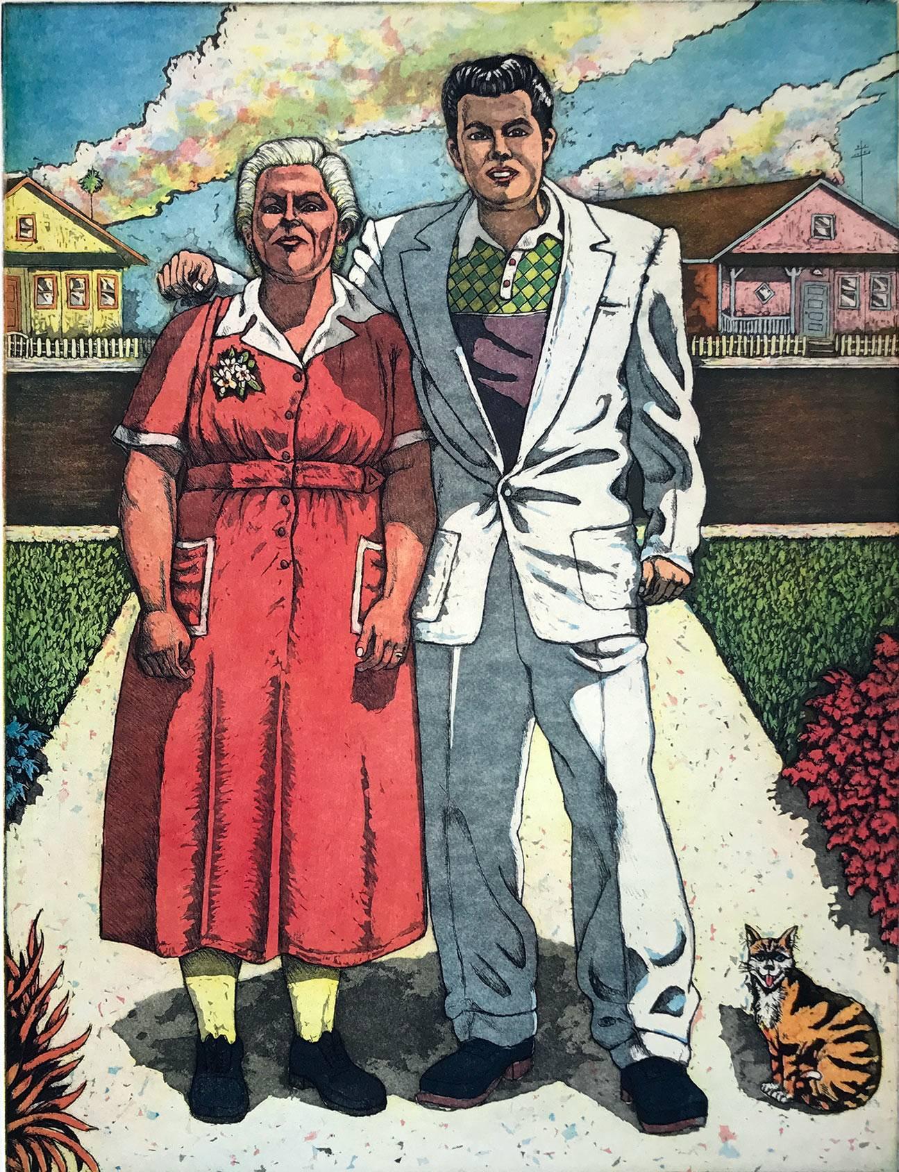 Figurative Print Xavier Viramontes - La Journée de la mère - Flashback 1950