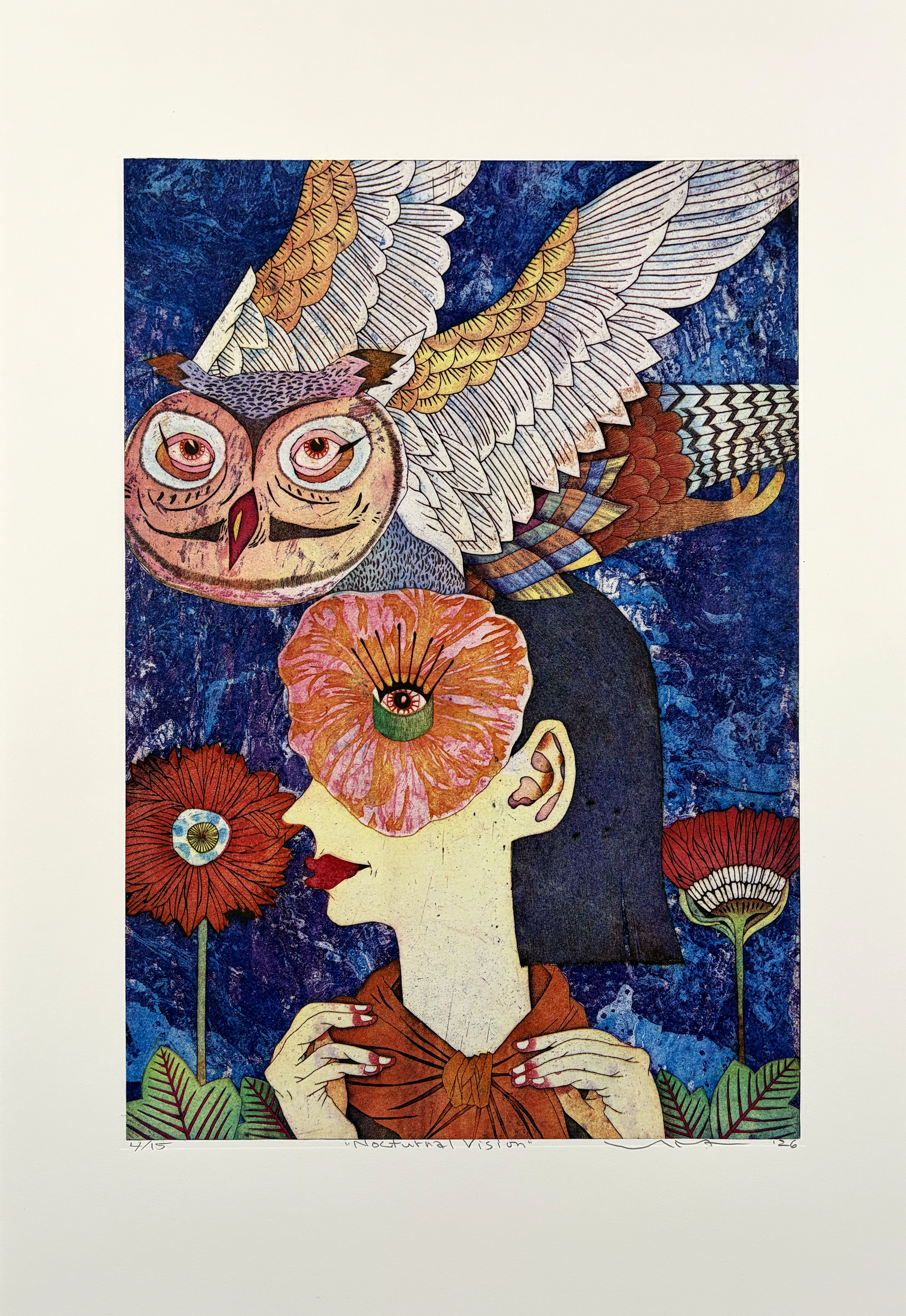« Vision nocturne », de Yuji Hiratsuka, estampe originale en gravure en creux sur papier collé