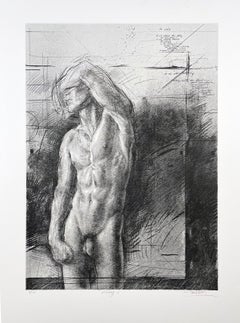 Rising (Charcoal), Signed Contemporary Male Nude Lithograph, Trevor Southey