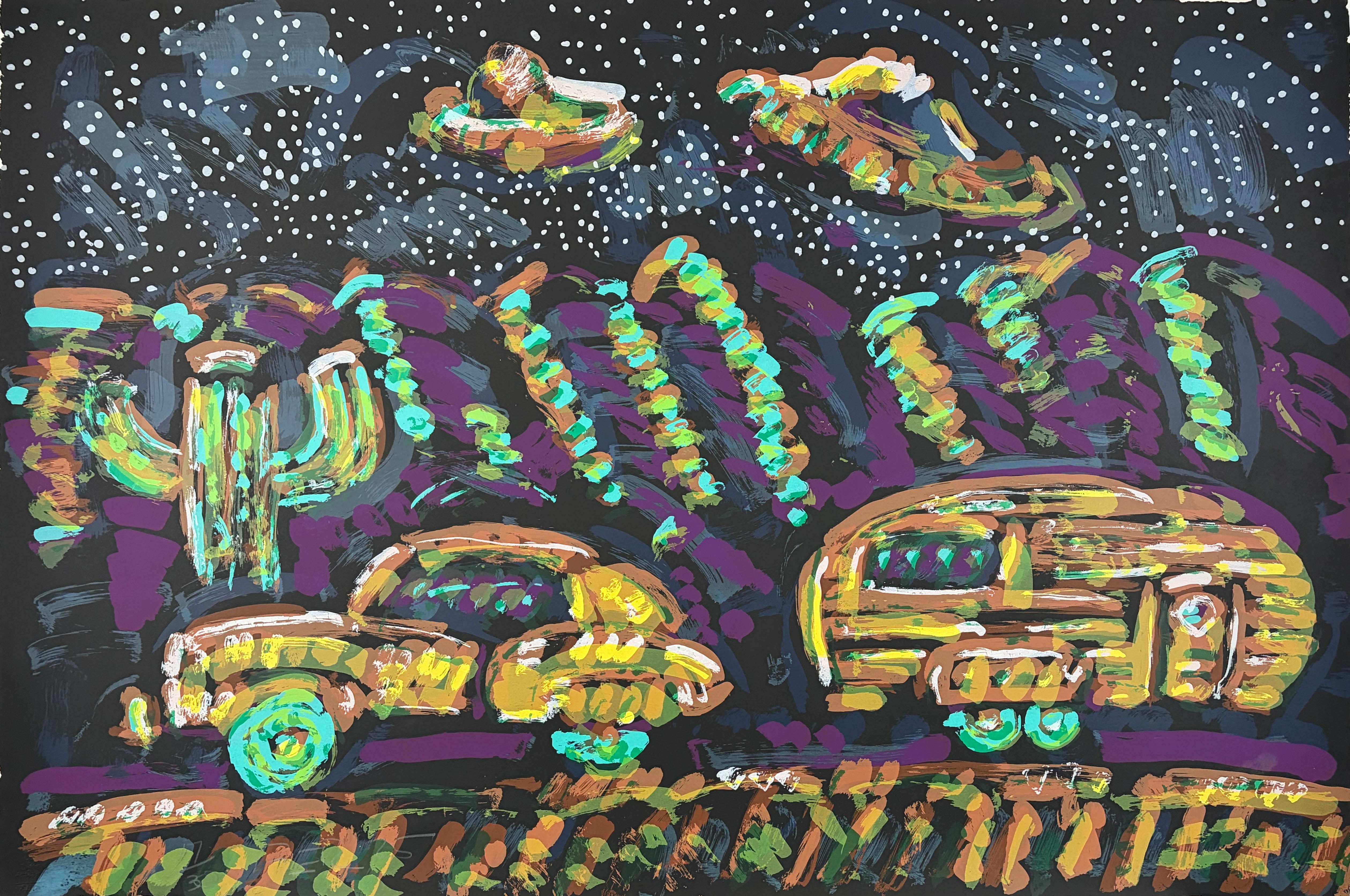 Medium: Screenprint
Year: 2025
Image Size: 28 × 42 inches
Edition of 30

Frank Romero's Flying Saucer over Roswell, New Mexico brings his exuberant visual language to the mythology of the American Southwest. Against a dark, star-filled sky, brightly