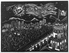 Fenómeno Astronómico Capitalino, linocut by Daniel Gonzalez of LA River at night